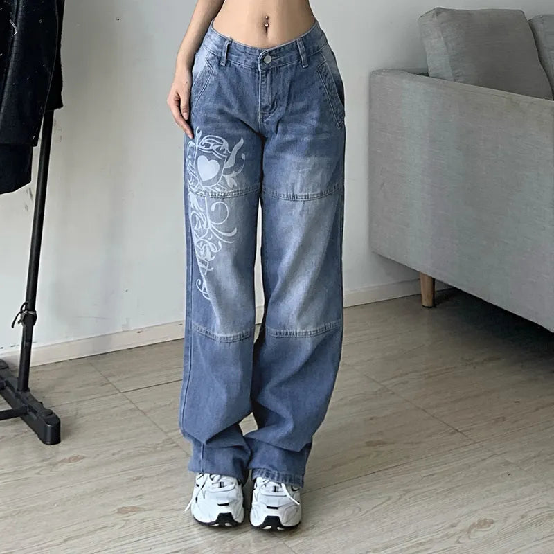 printed Cargo Jeans Y2K High Waist Streetwear Baggy Straight wide leg jeans