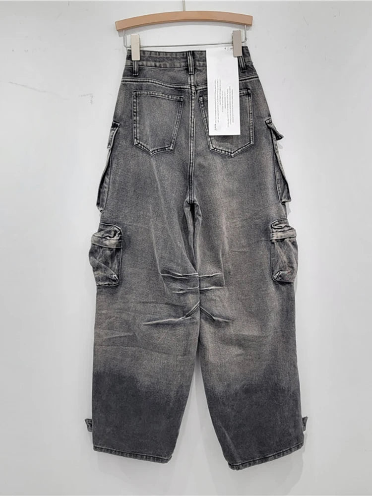 high waist Multiple pockets Graffiti Grey straight wide leg cargo denim