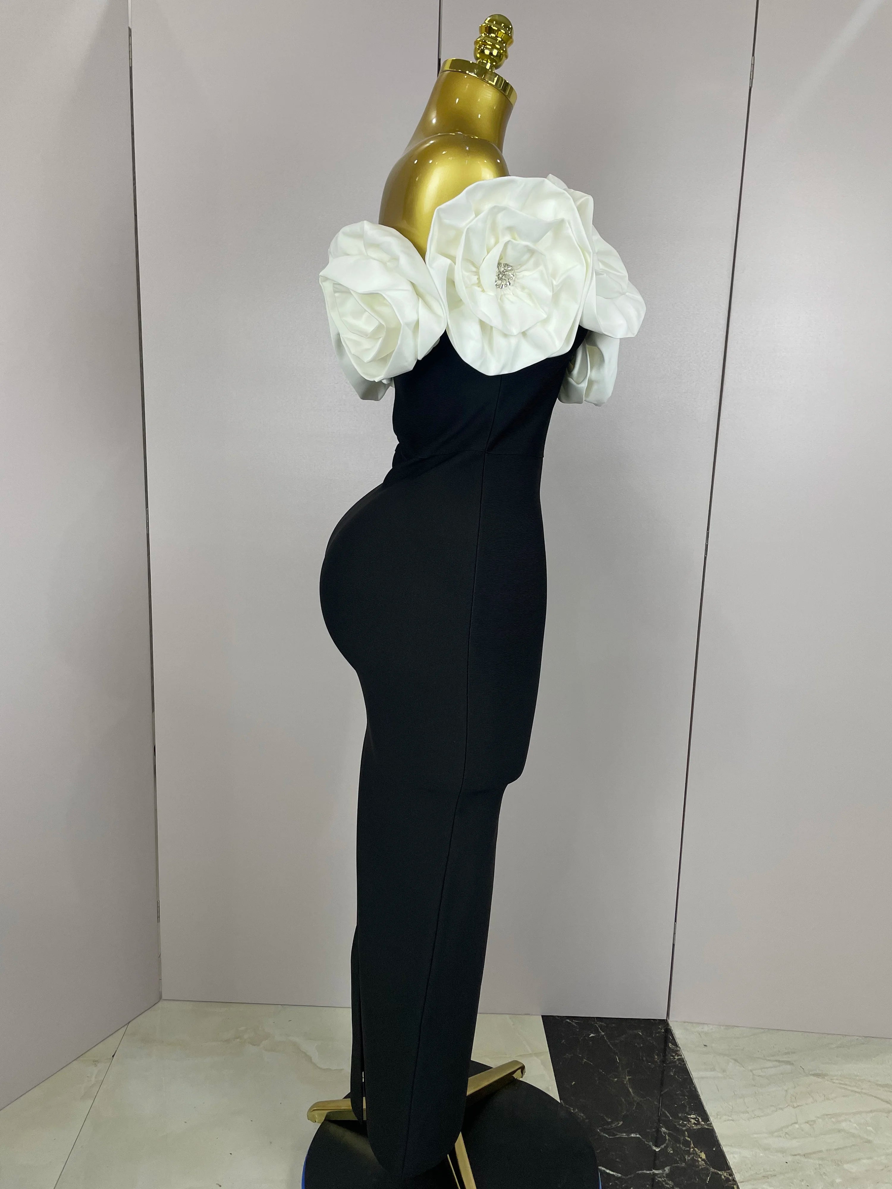 Stereoscopic Flowers Off The Shoulder Ankle Length Bandage Dress