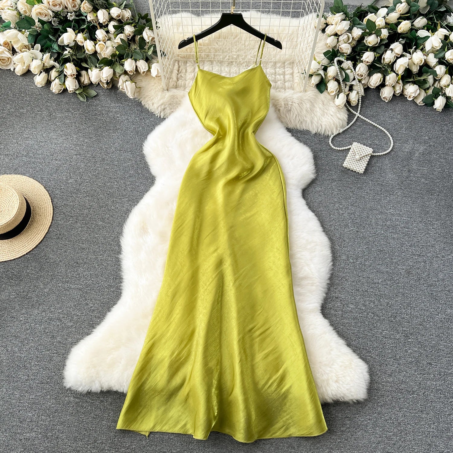 Three-dimensional Flower Slip Split A-line Backless Sundress