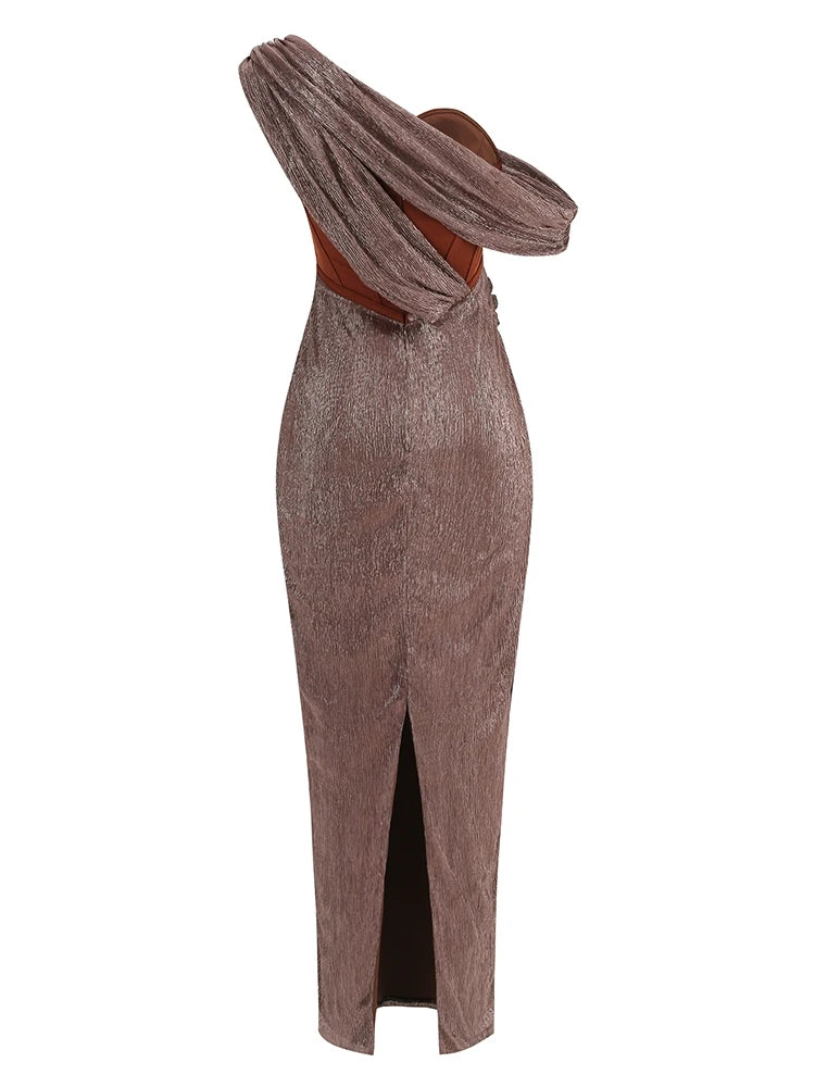 One Shoulder Draped Glitter Long Brown Corset Sparkly Backless Bodycon Maxi Dress