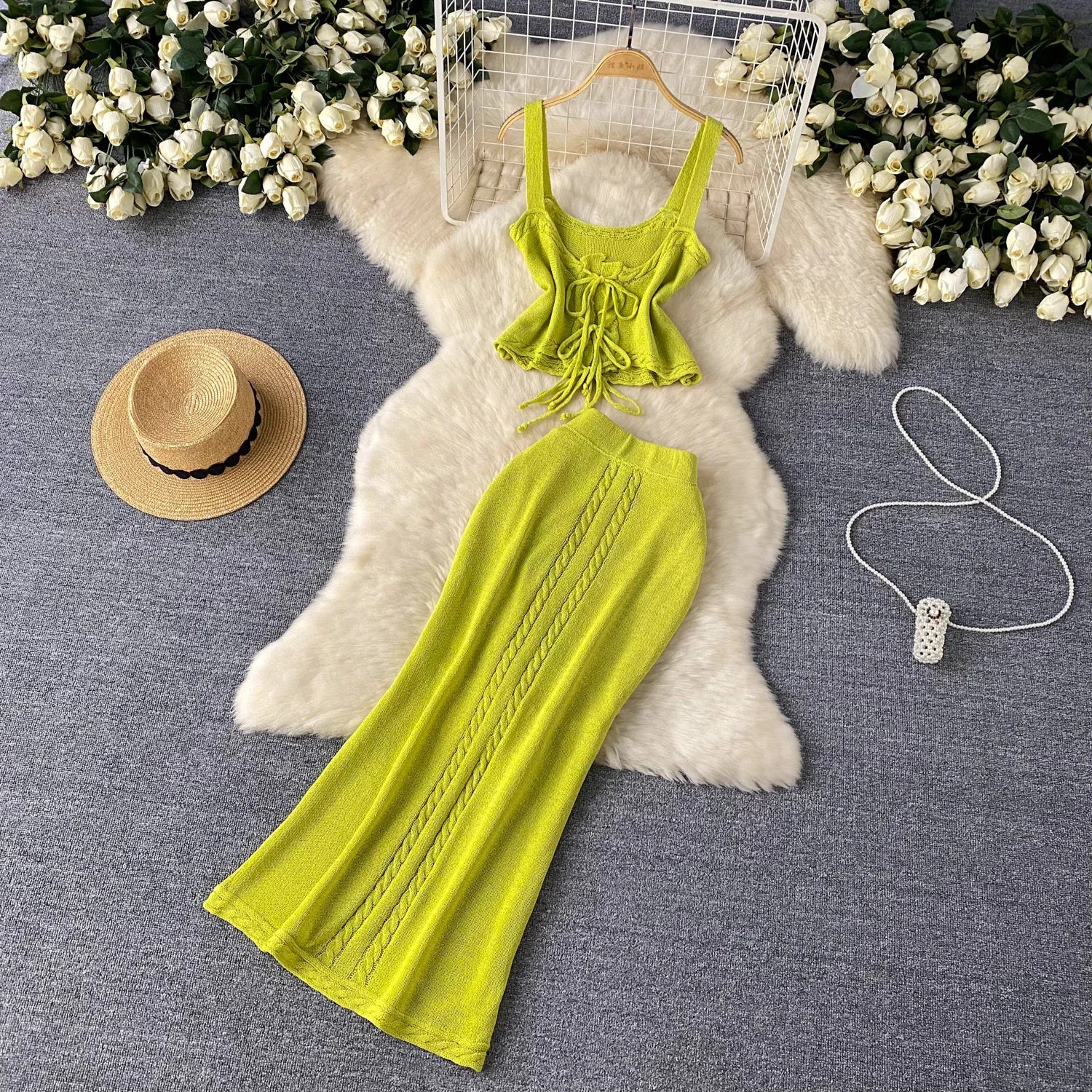 Hollow Out Lace Up Tank Top+Split Long Skirt Two Pieces Suits