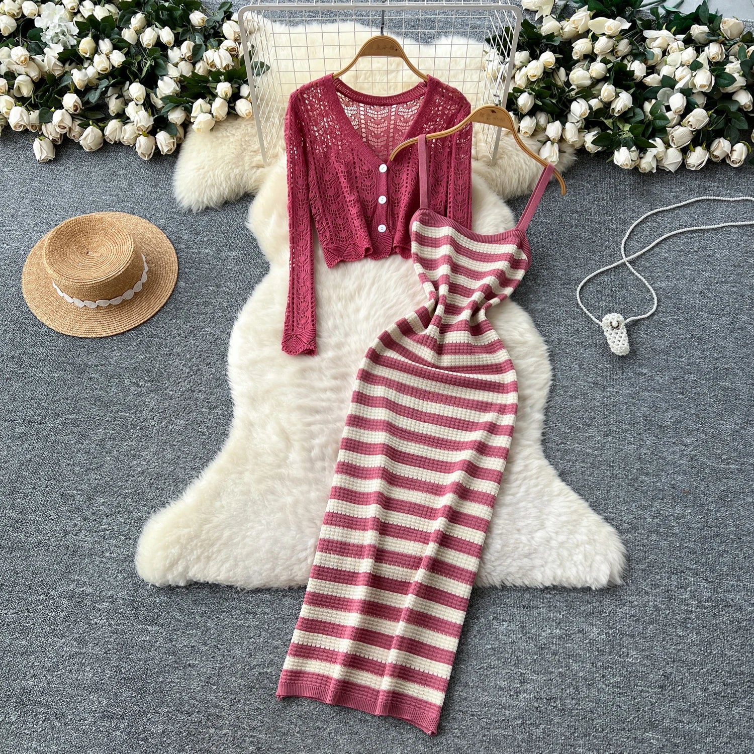 Two piece set Hook flower hollow striped Two Piece Set