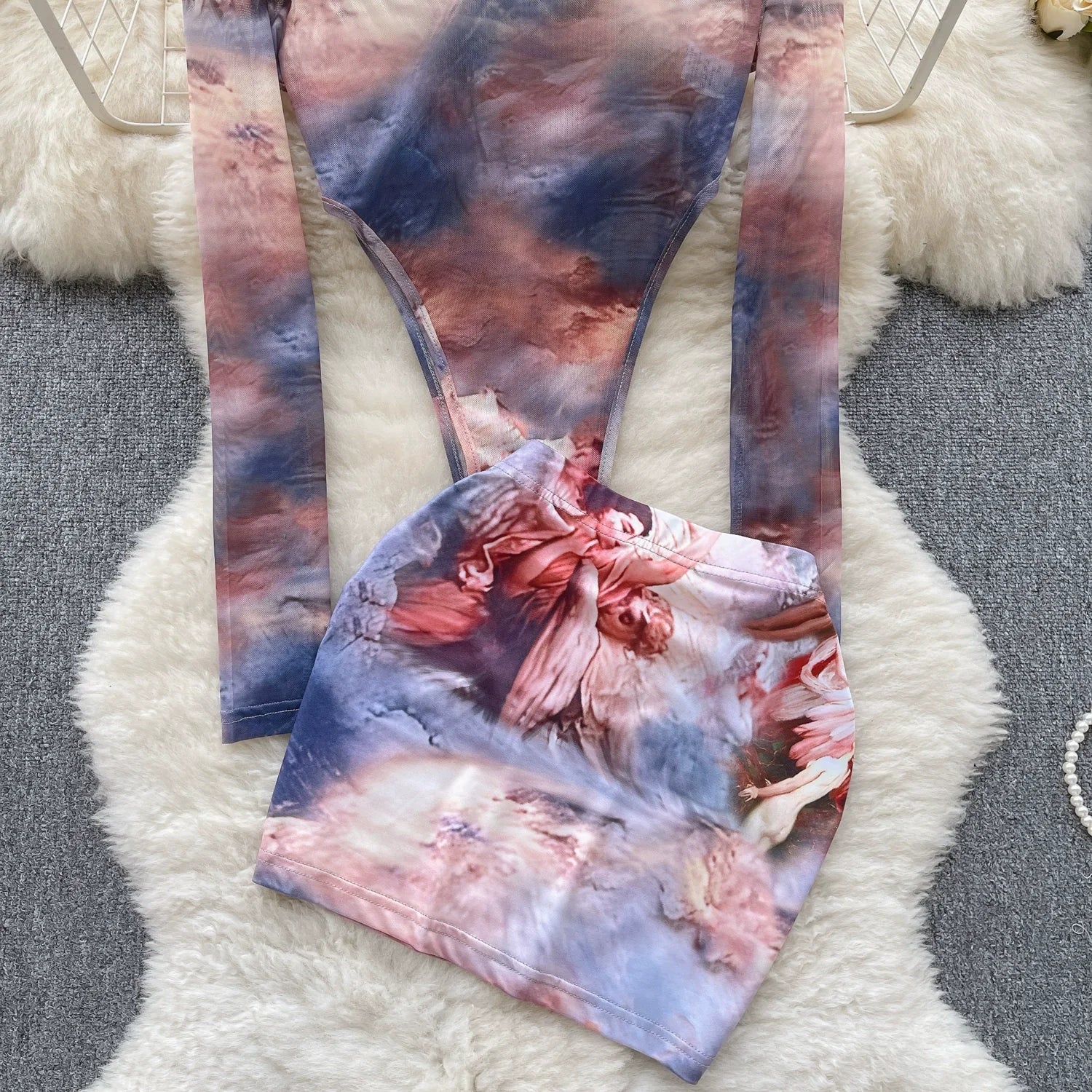 Two-Piece Set Long Sleeve Tops Short Mini Skirt for Women