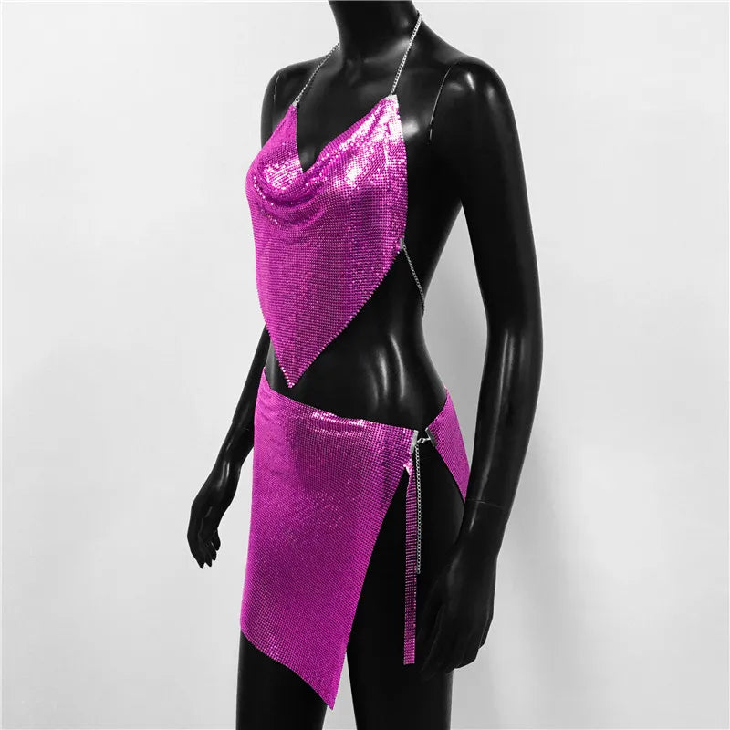 Metal Sequins 2 Piece Set Backless Halter Tank Tops Split Mini Skirts