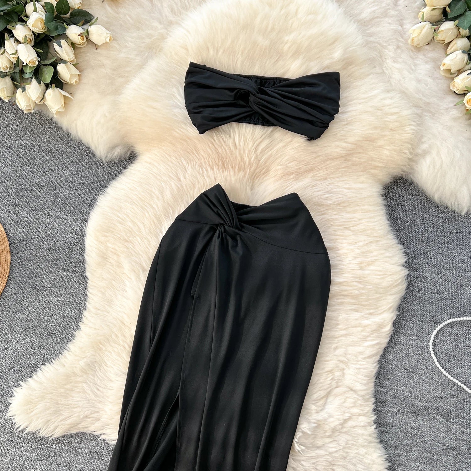 Criss-Cross Strapless Mini Tops+High Waist Split Bodycon Skirt Two Piece Set