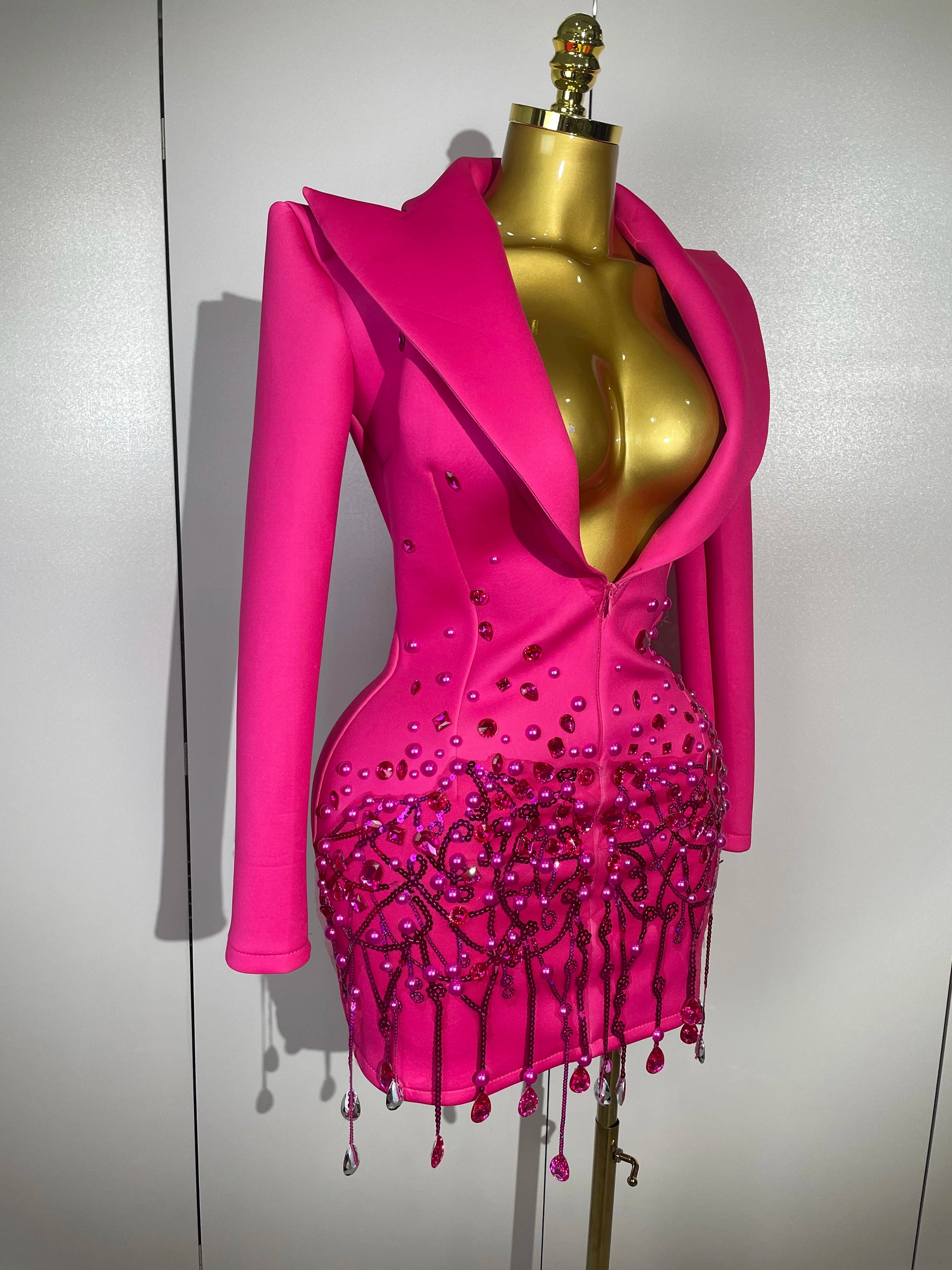 Sparkly Crystal Chains Pearls Long Sleeve Mini Dress