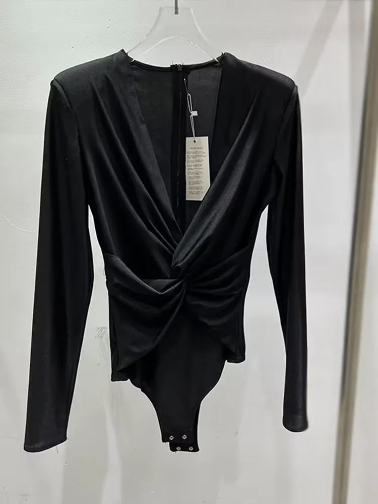 Solid Folds Twist V Neck Long Sleeve High Waist Slim Blouse