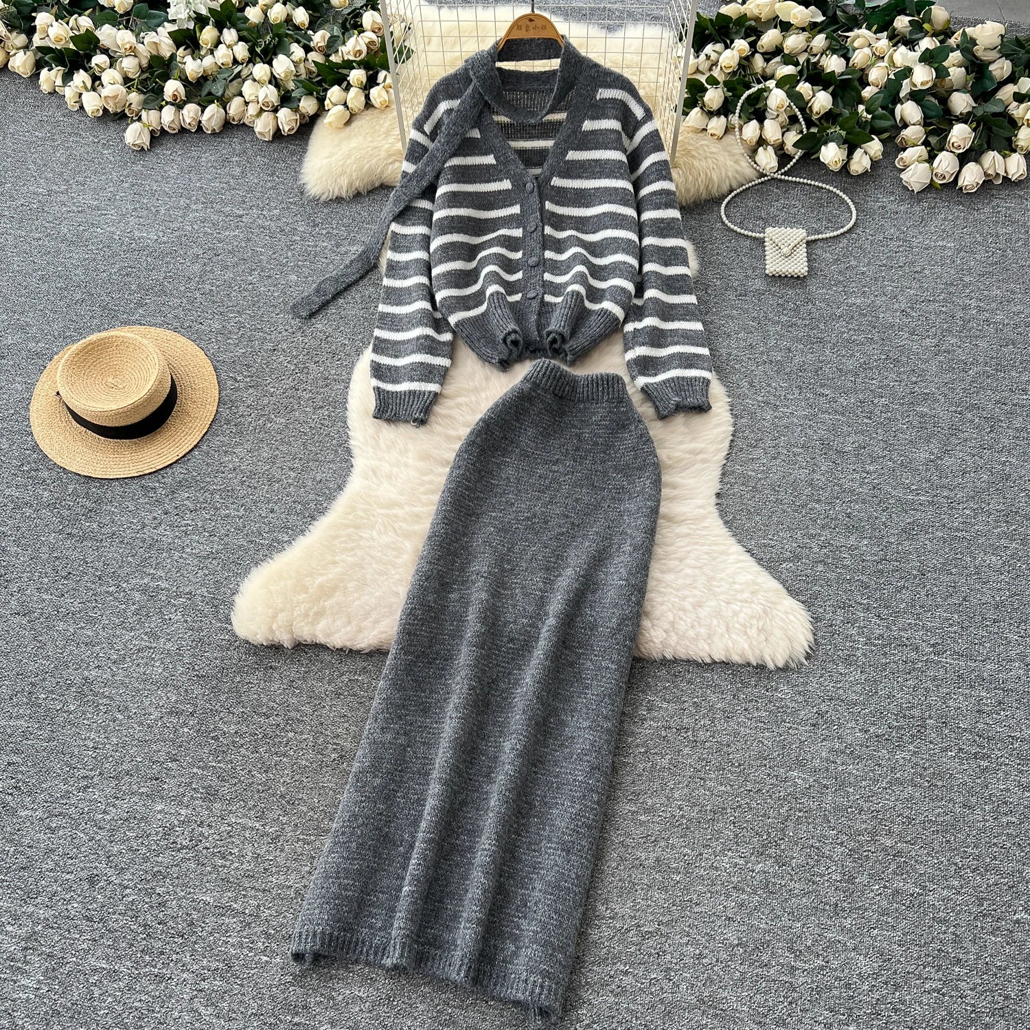 Striped Sweater Loose Cardigan+Elastic Long Skirts Knitted Two Piece Set