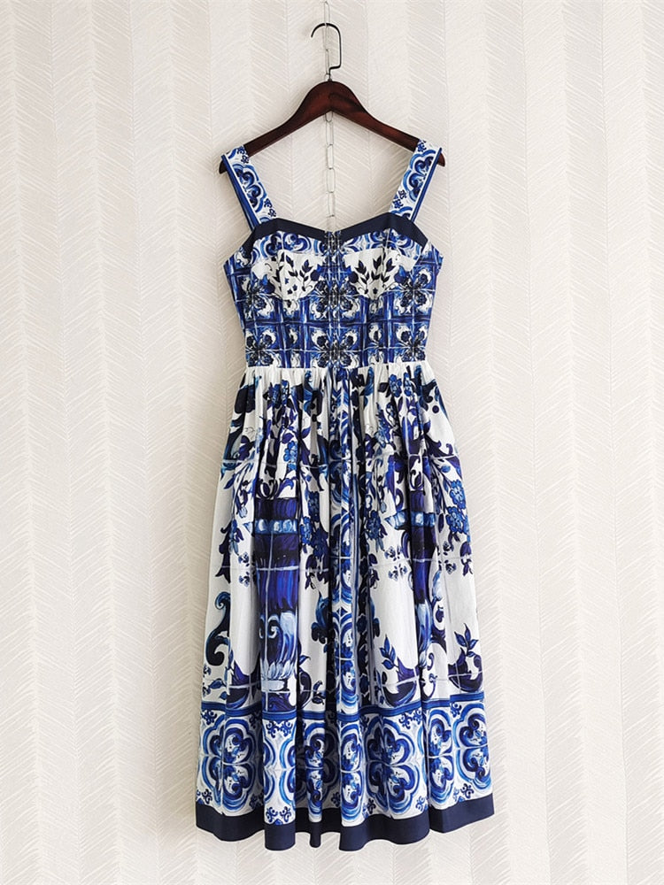 Blue And White Porcelain Flower Print Spaghetti Strap Dress