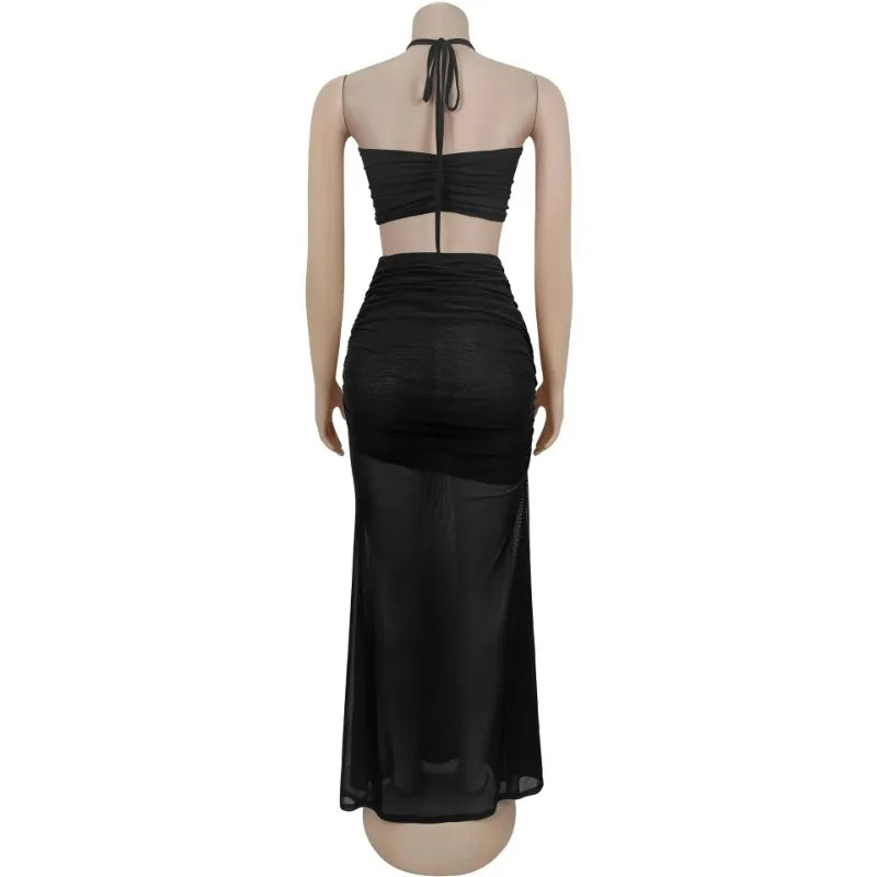 Crop Tops and Stacked Ruched Midi Maxi Skirts Two Piece Set