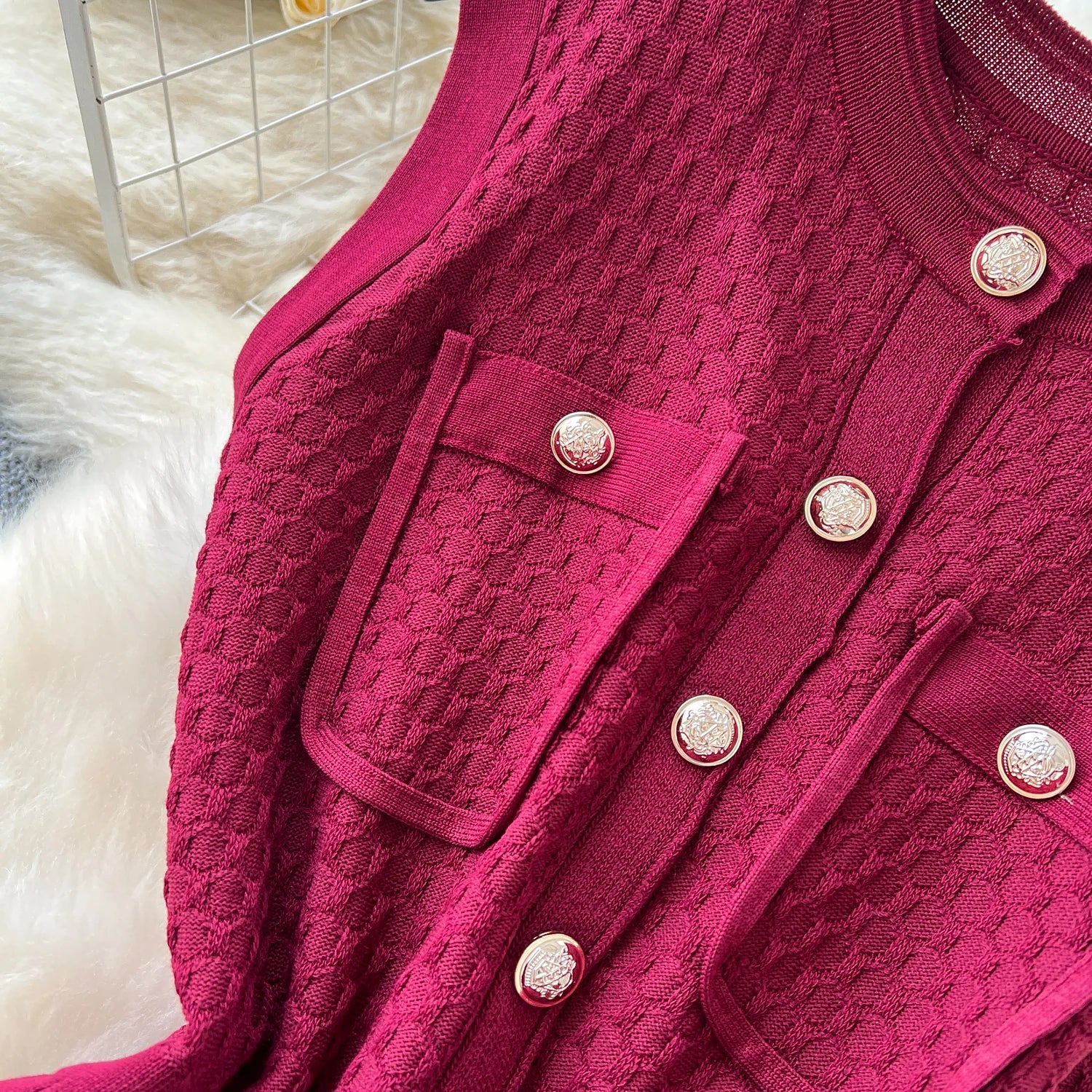 Office Lady Dress O Neck Sleeveless Single Breasted Chic Knitted Dress