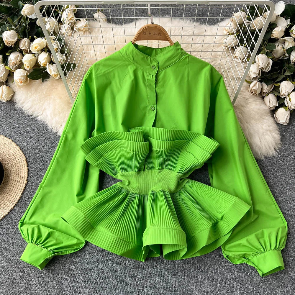 Puff Sleeve Pleated Ruffle Elegant Patchwork y2k Blouse