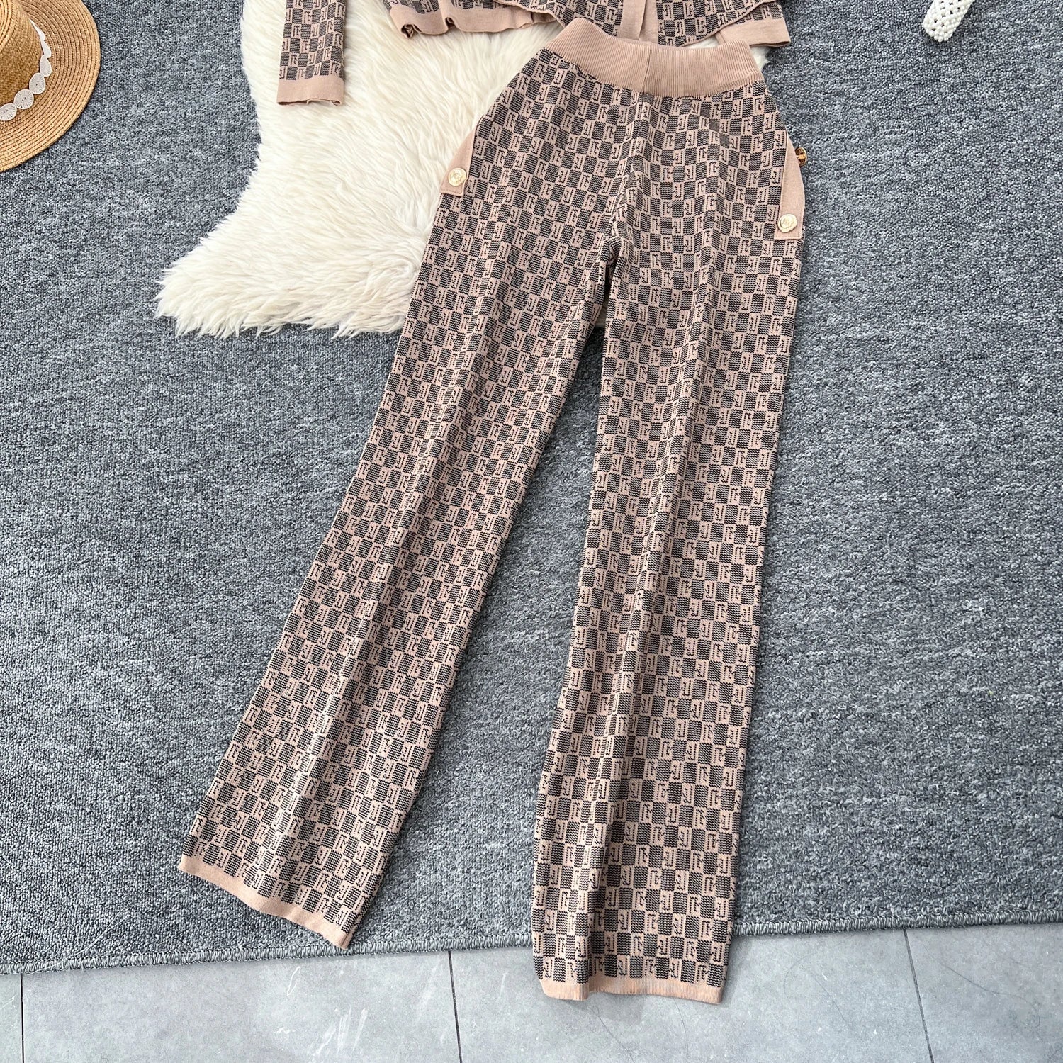 Three Piece Plaid Print Sweater Suits Knit Cardigans+Elastic Long Pants