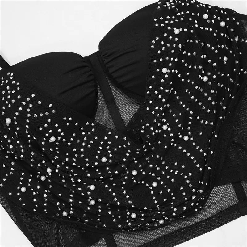 Two Piece Set Strap Mesh Rhinestone Top and Diamonds Mini Skirts Sets