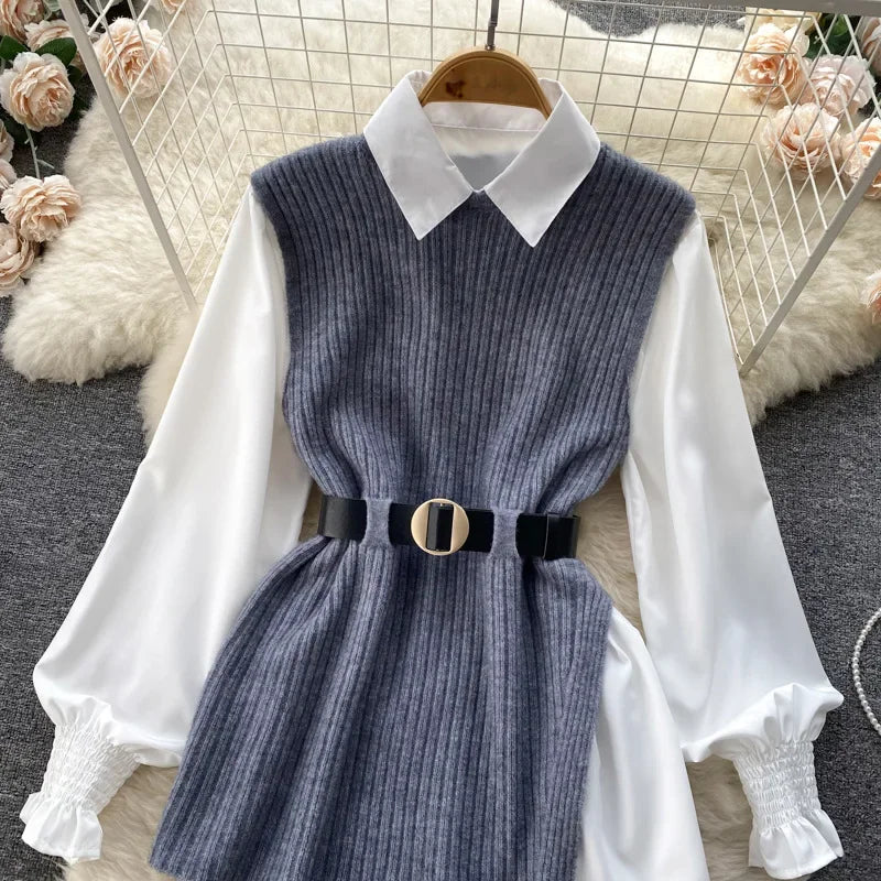 Luxury Style Loose-fit Long Sleeve White Shirt Side Slit Knit Vest 2-piece Set