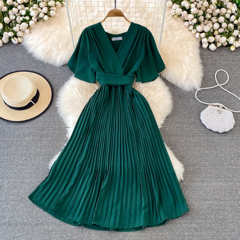 V-neck Pleated Dress