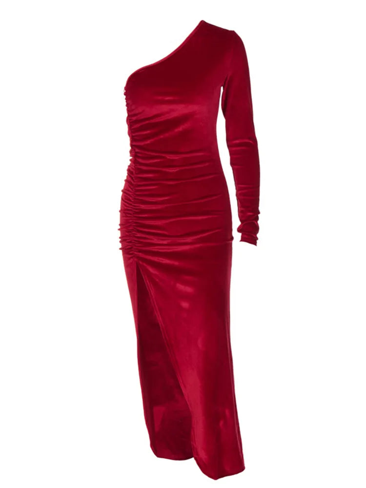 Elegant Long Sleeve Party Evening Velvet Bodycon Split Pencil Midi Dress