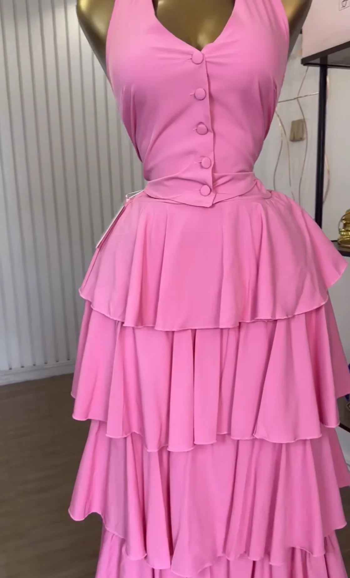 Sleeveless Vest Tops and Pleated Tiered Skirts Two Piece Set