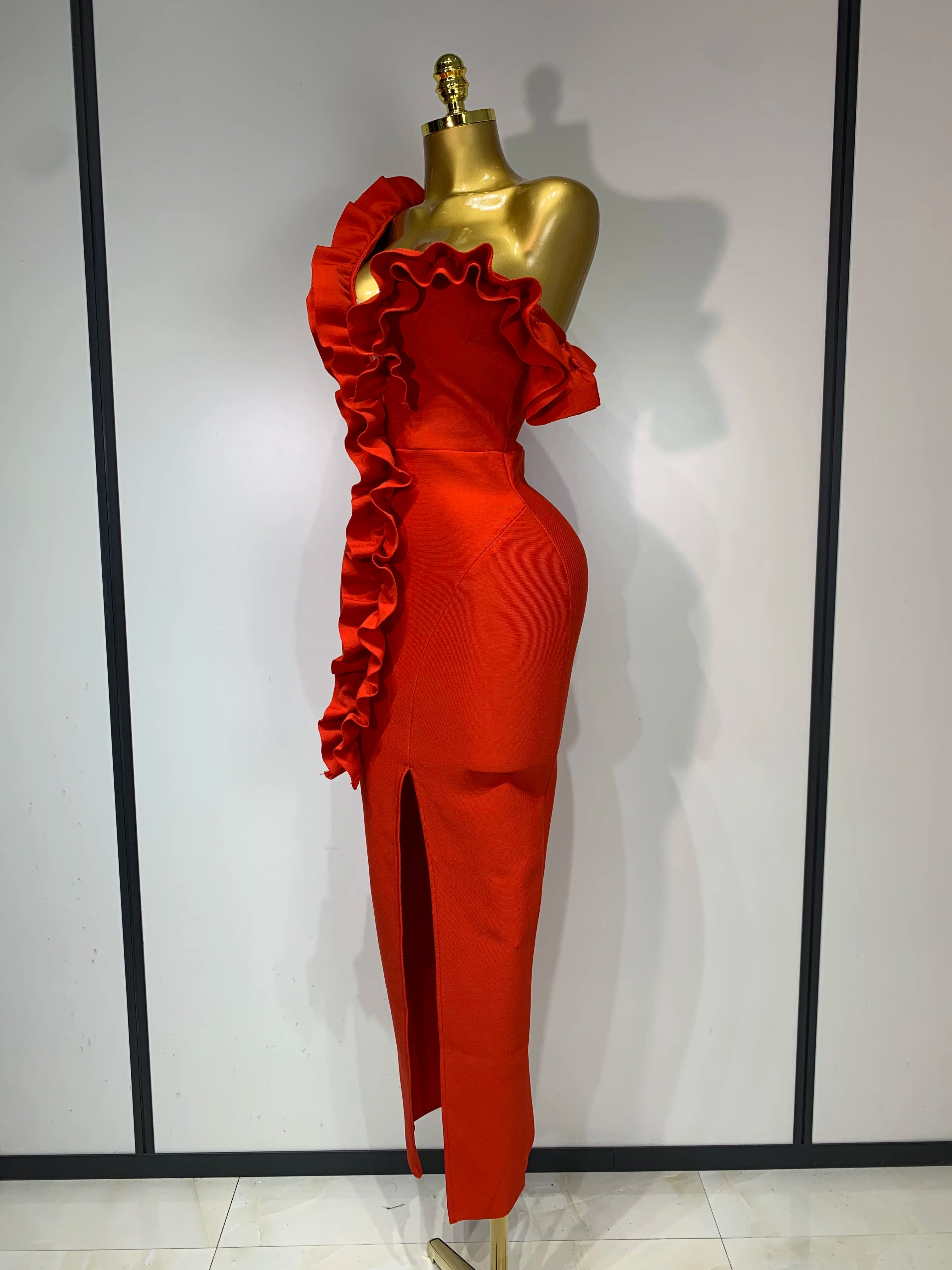 Off Shoulder Ruffles Midi Bodycon Bandage Dres