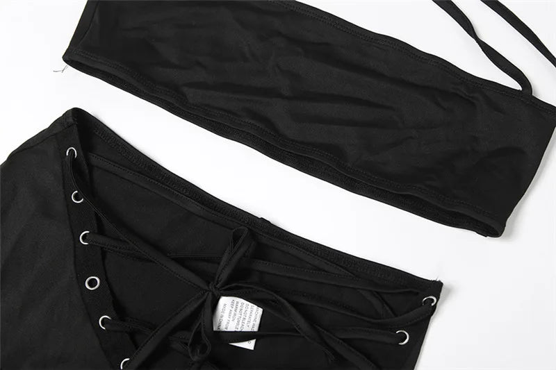 Lace Up 2 Piece Set Halter Camisole Crop Tops + Shirring Hollow Skinny Pants Two Piece Set