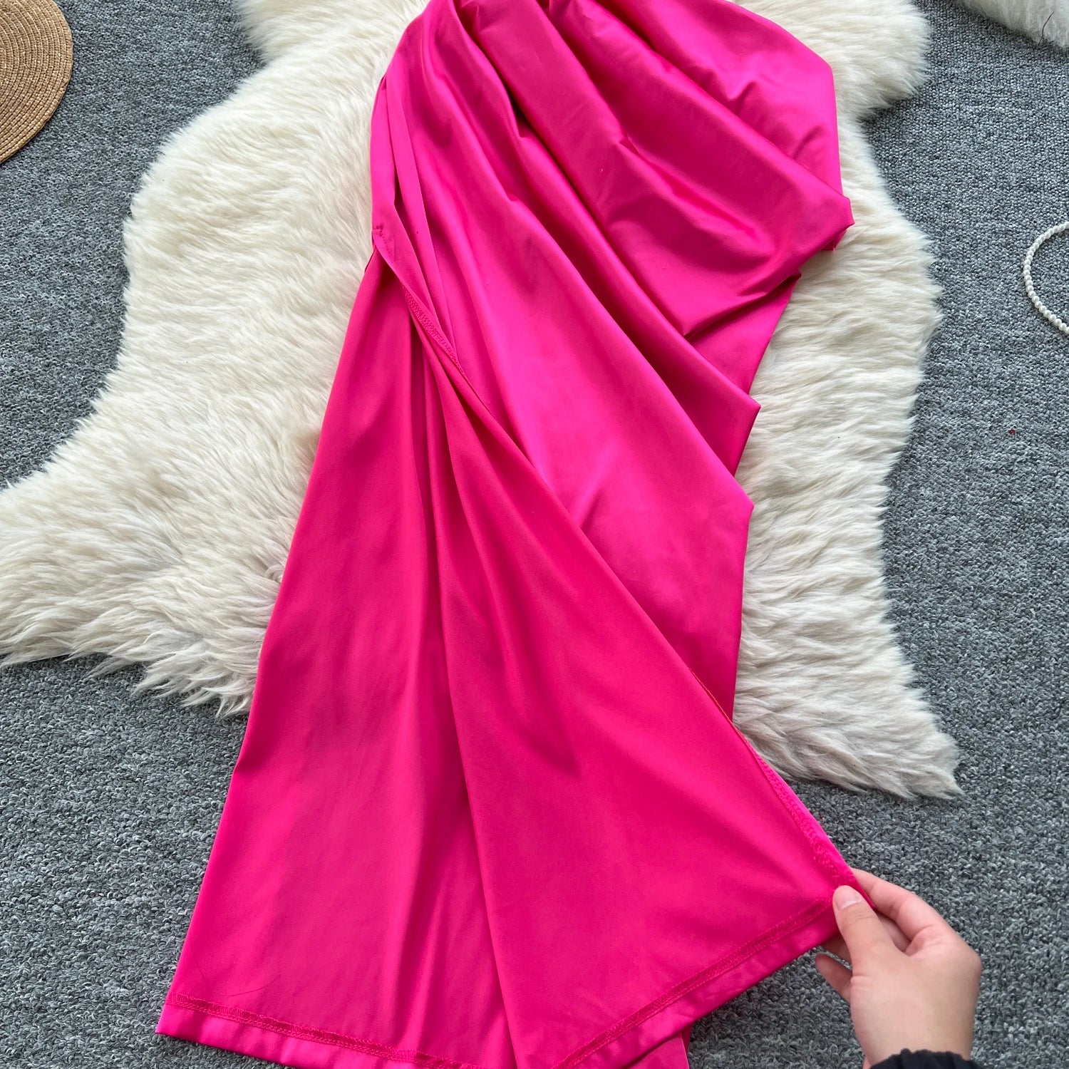 Chic Satin Splice Pleated Slim Split Long Sundress
