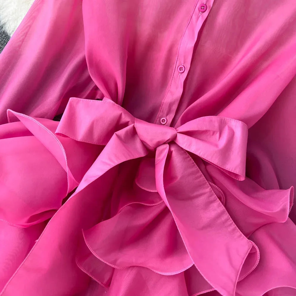 Chiffon Ruffle Edge Bow Tie Ruffle Blouse