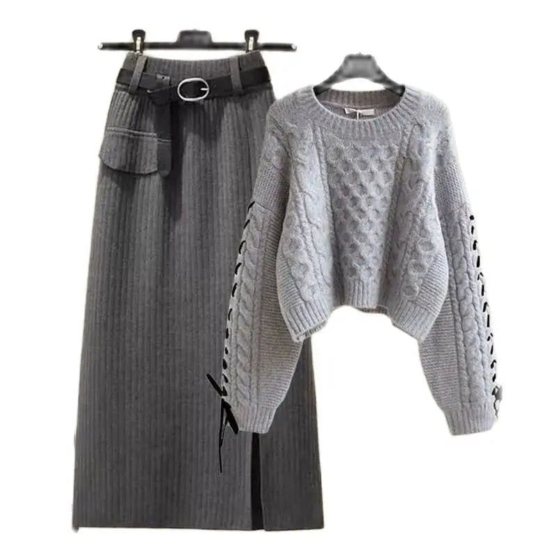 Long Sleeve O Neck Ribbed Top+Midi Skirt Dress Two Piece Sets