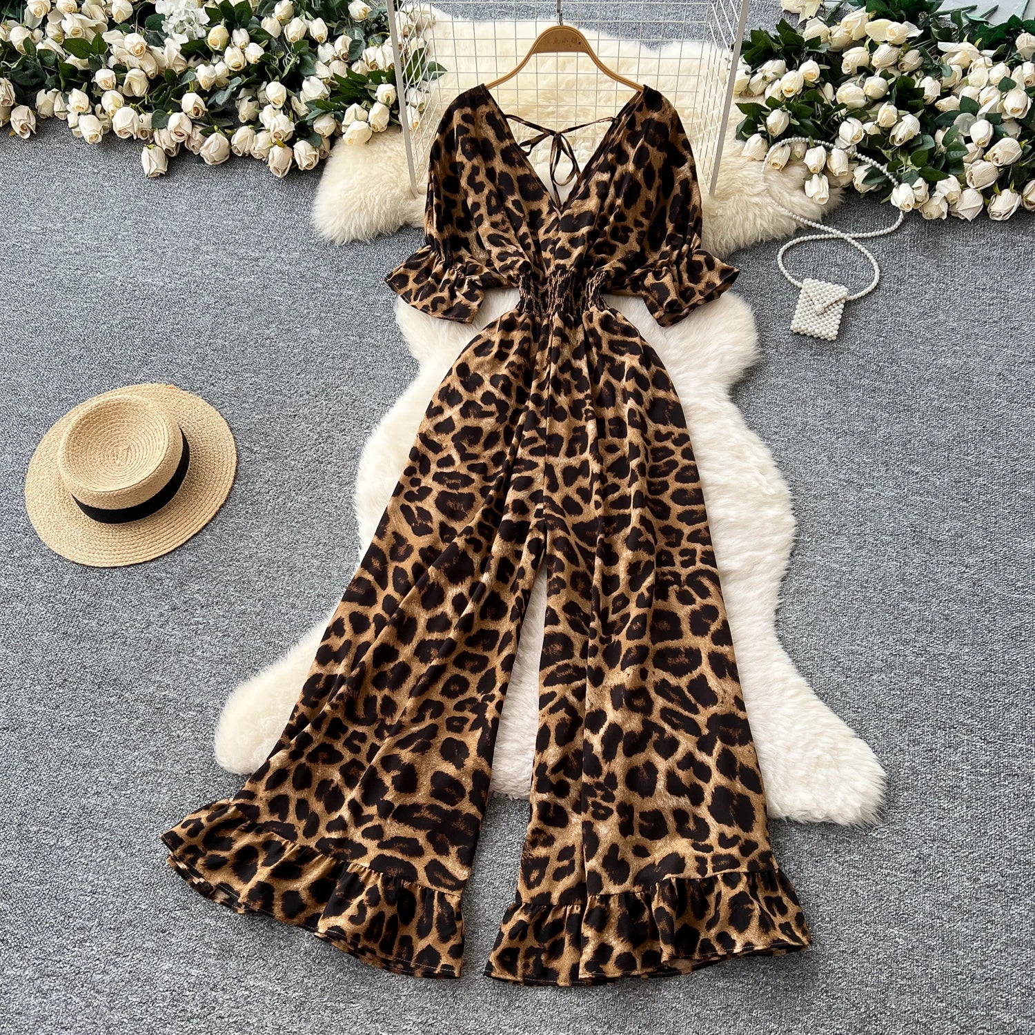 Flared Sleeves Elastic Waist Slim Fit Leopard Print Long Rompers Jumpsuit