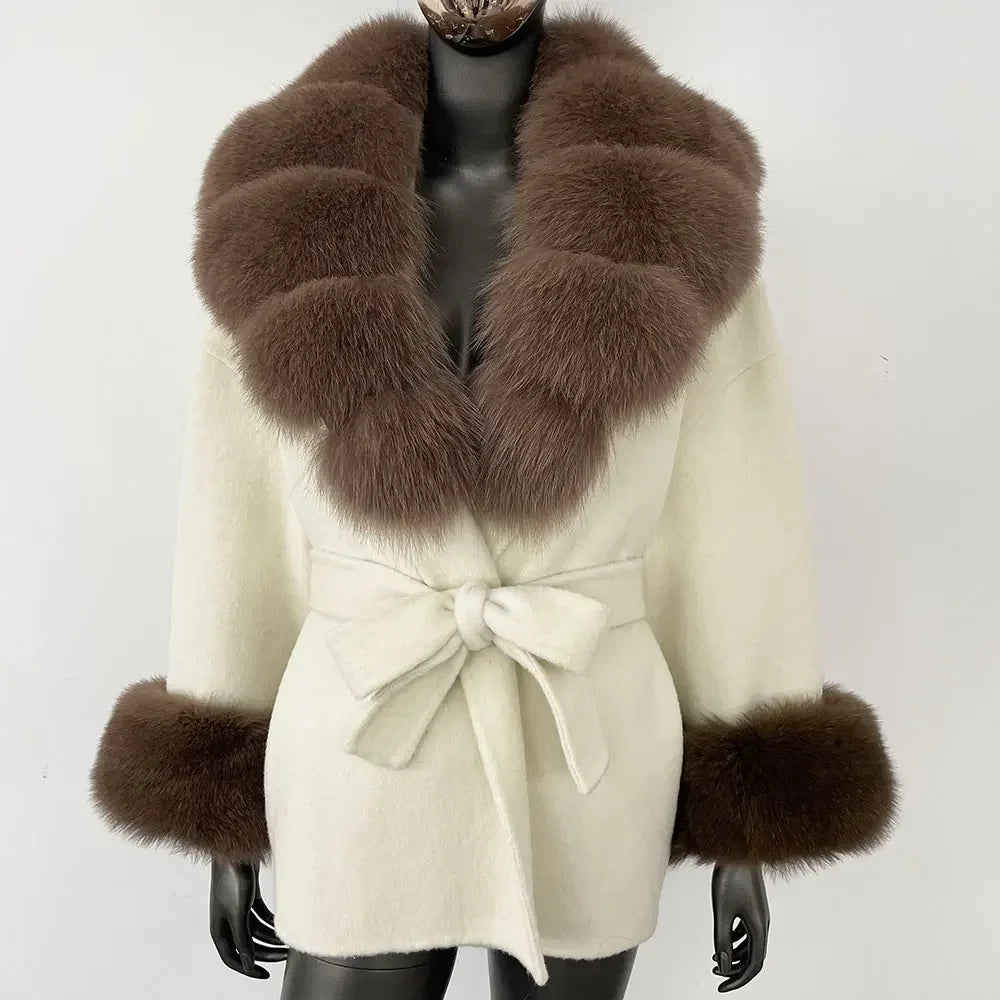 Winter Loose Outerwear Casual Natural Real Raccoon Fox Fur Blends Wool Coat