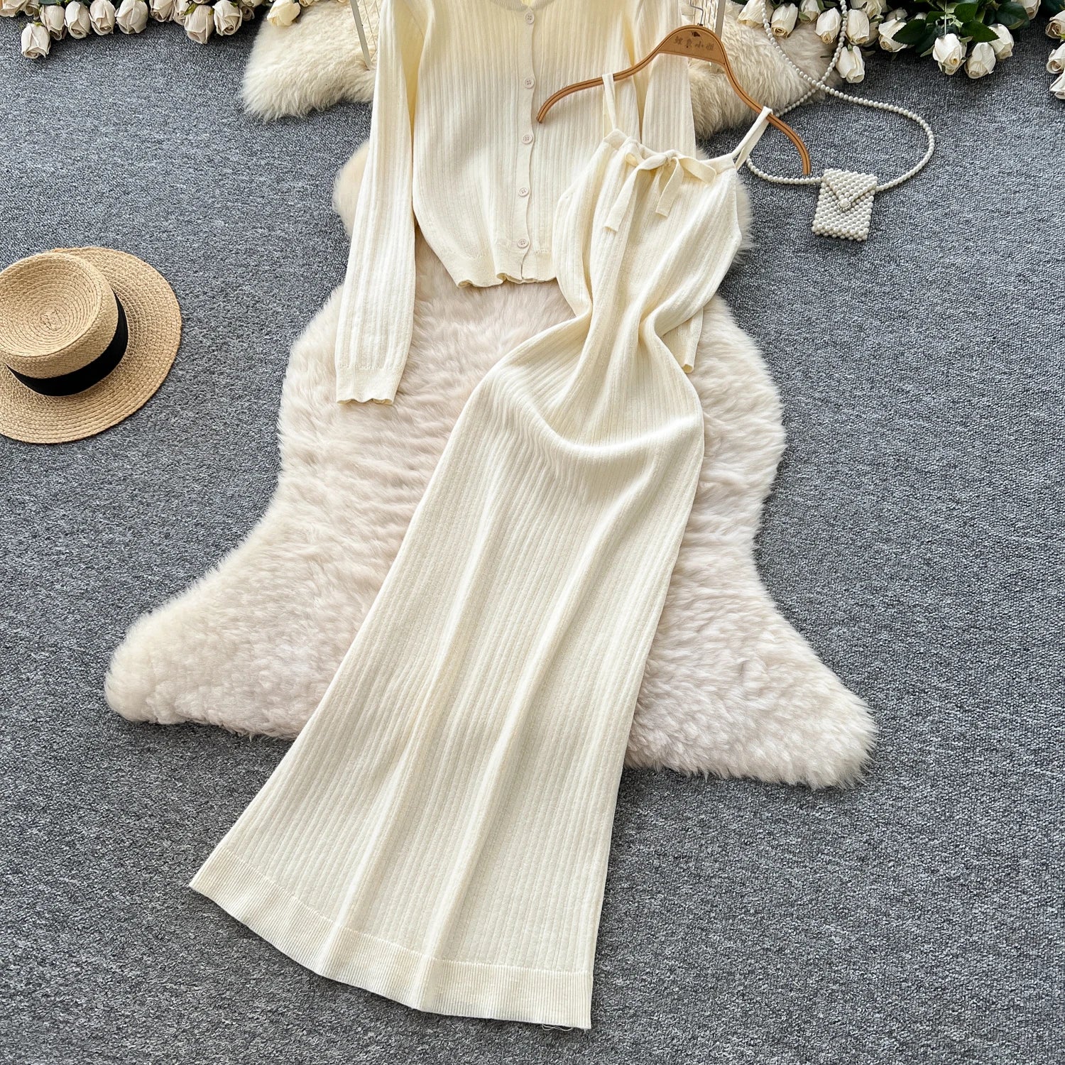 Elegant Long Sleeve Single Breasted Tops+Sleeveless Strap Bodycon Dress Knit Solid Sweater Sets
