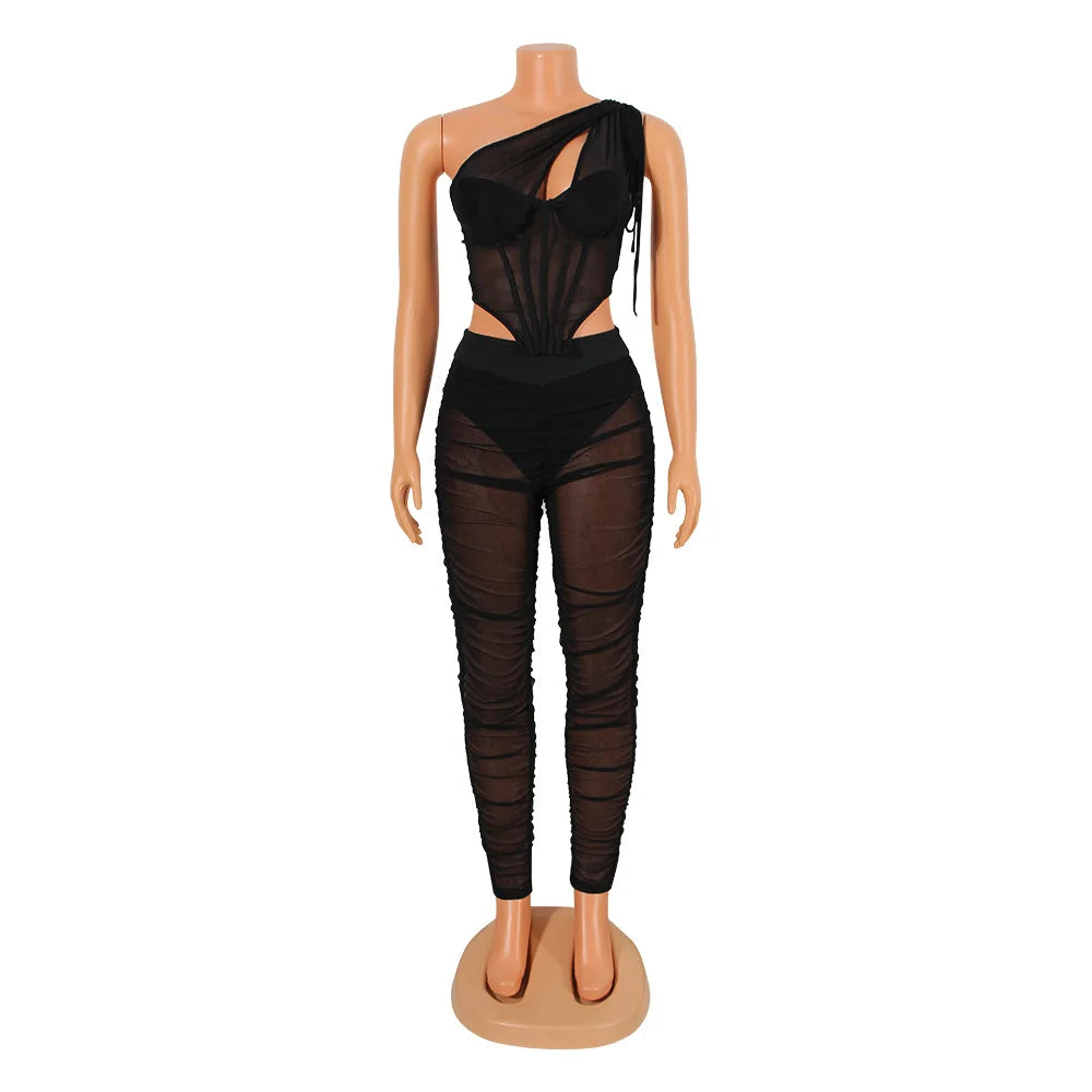 See Though Mesh One Shoulder Sleeveless Crop Top and Stacked Pants Suit Set