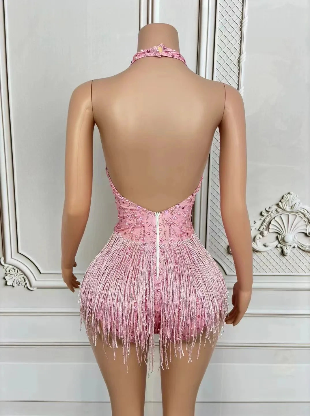 Luxury Deep V Pink Tassel Jumpsuit