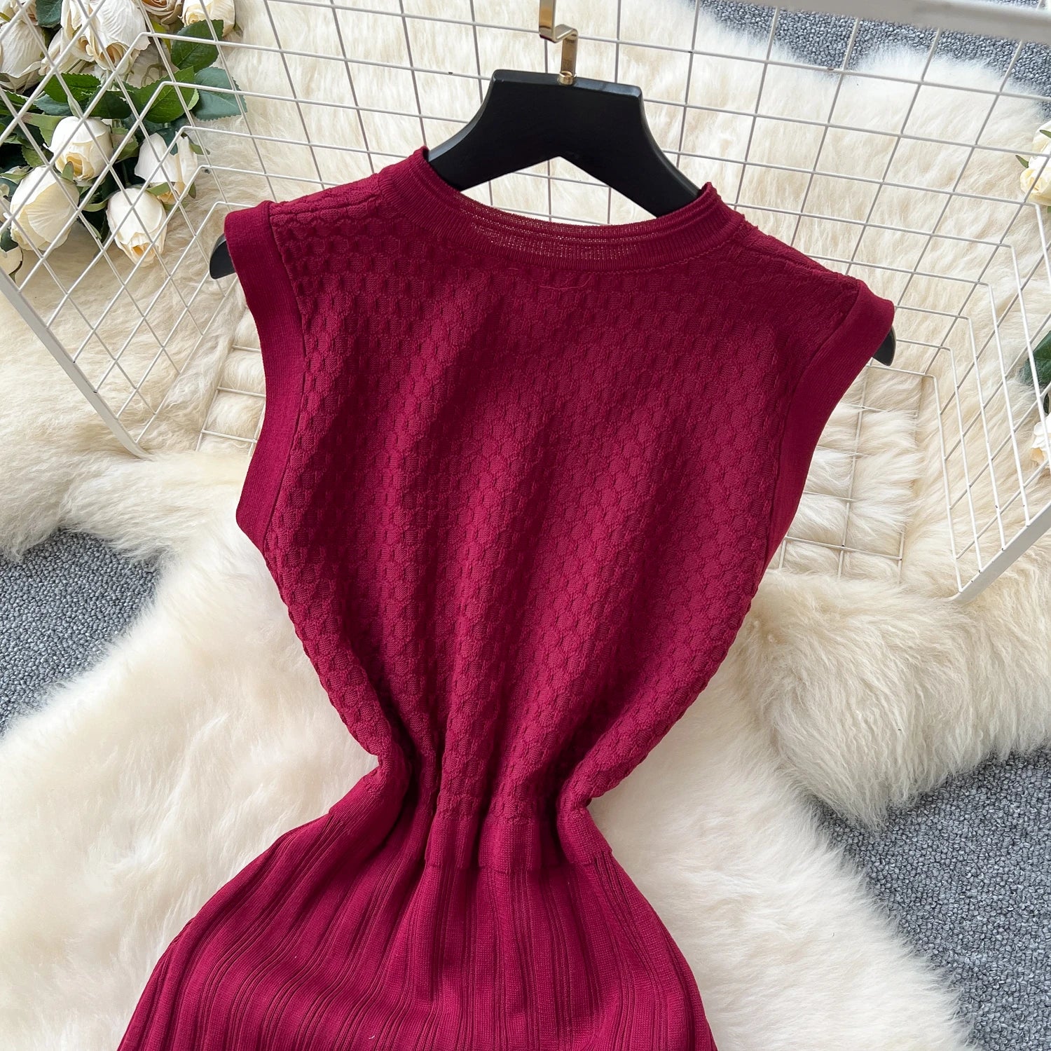 Office Lady Dress O Neck Sleeveless Single Breasted Chic Knitted Dress