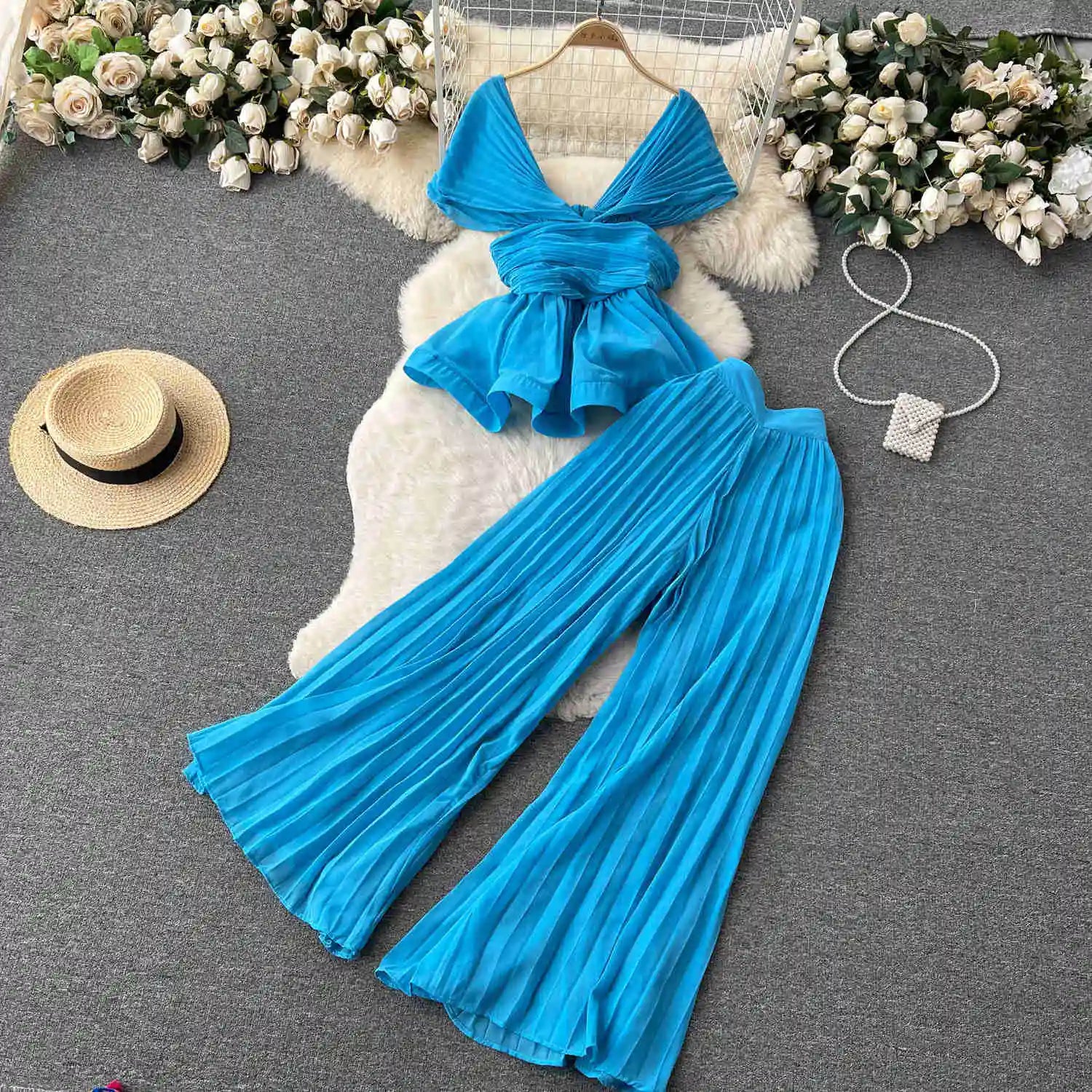 High End Elegant Pleated Sleeveless Chiffon Top+High Waist Wide Leg Pants Two Piece Set