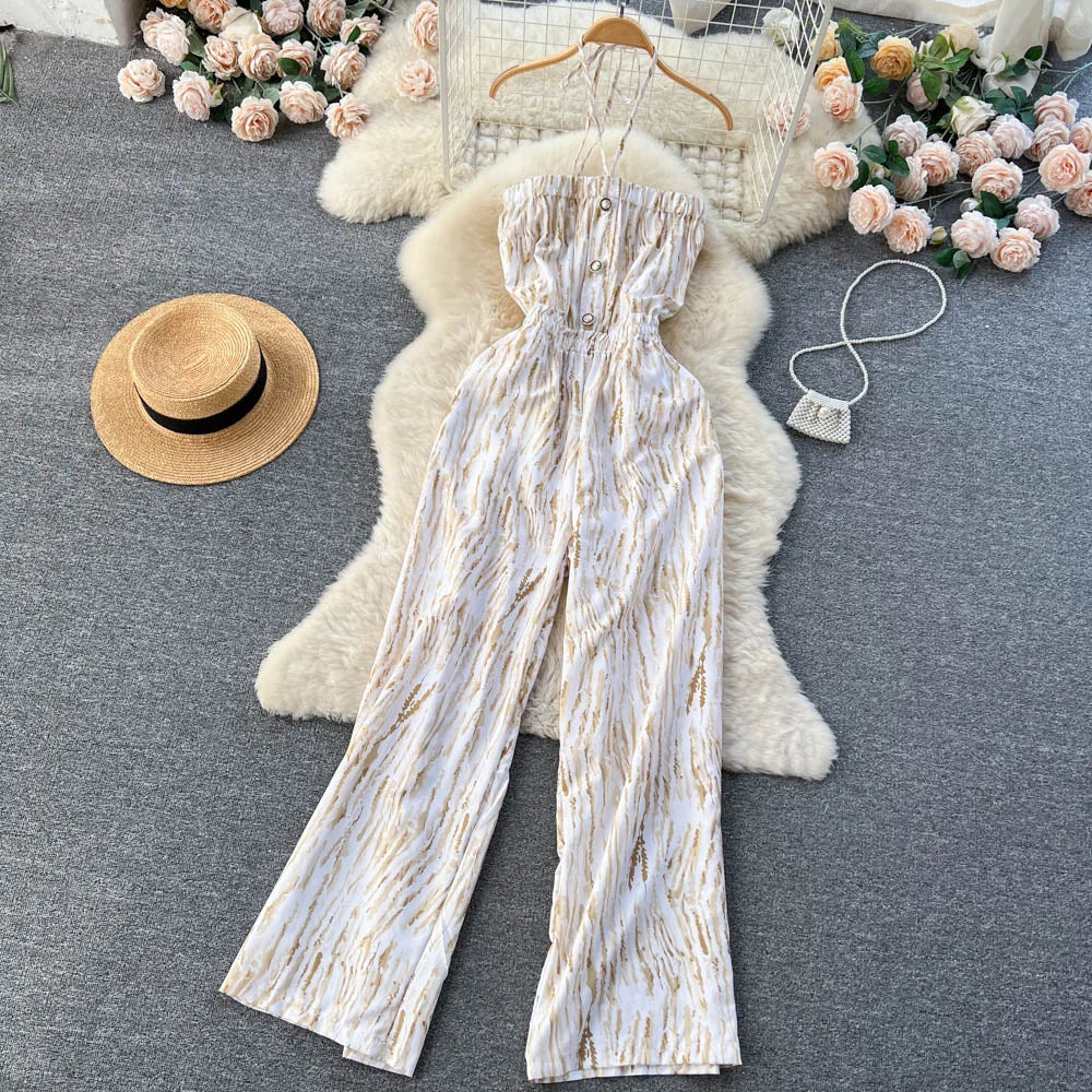 Halter Strapless Backless Loose Wide Legs Pants Beach Style Striped Jumpsuits