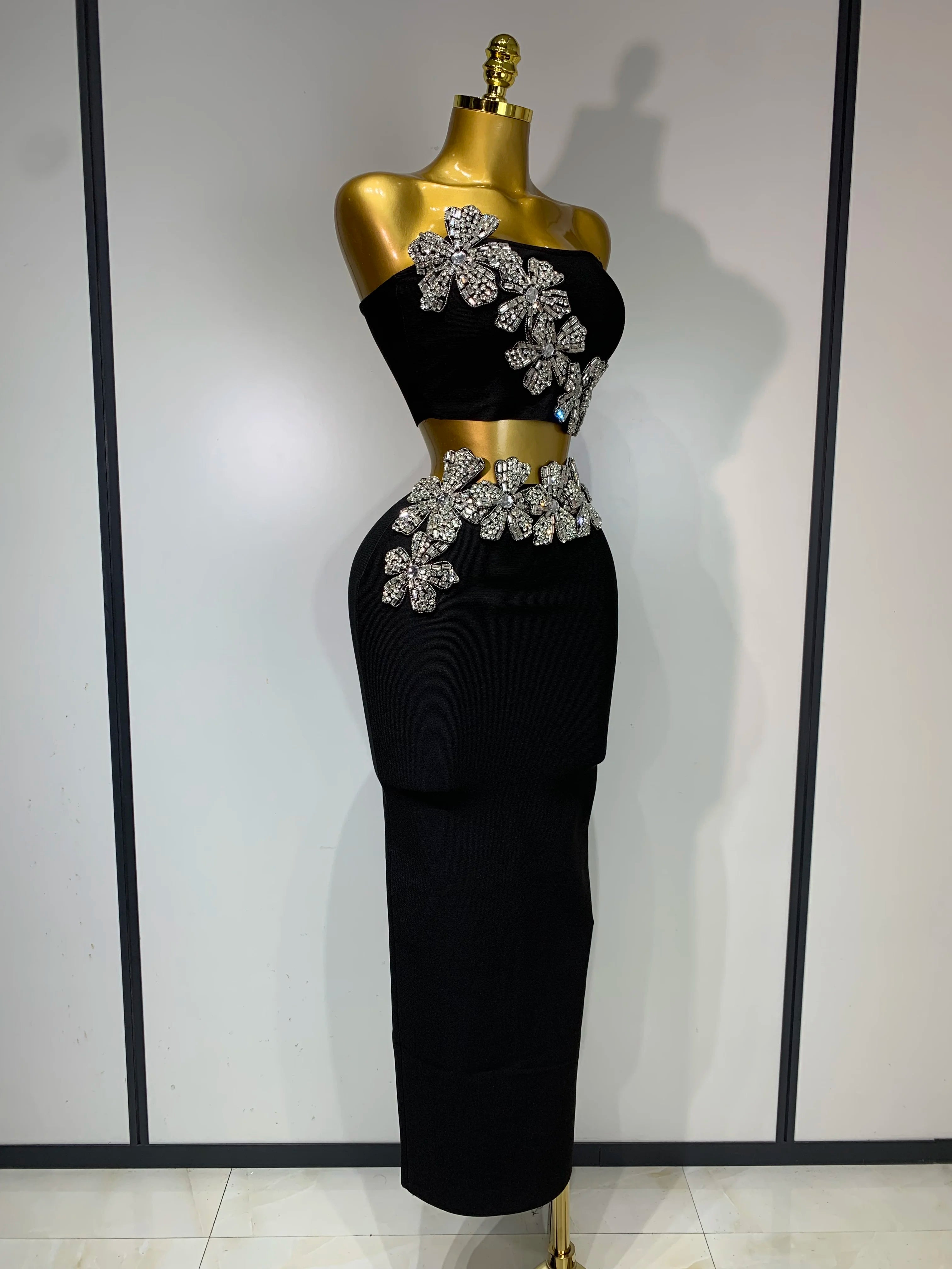 Strapless Flower Diamonds Maxi Long Bandage Two Piece Set