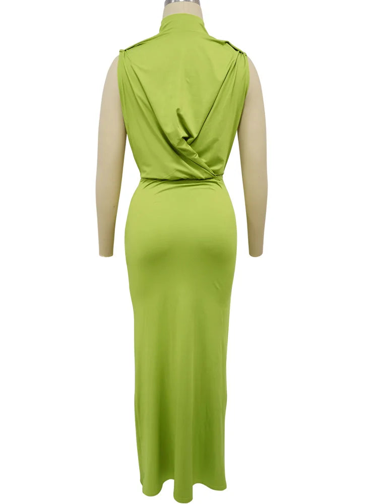 Green Sleeveless Hollow Out Pleated Prom Dress