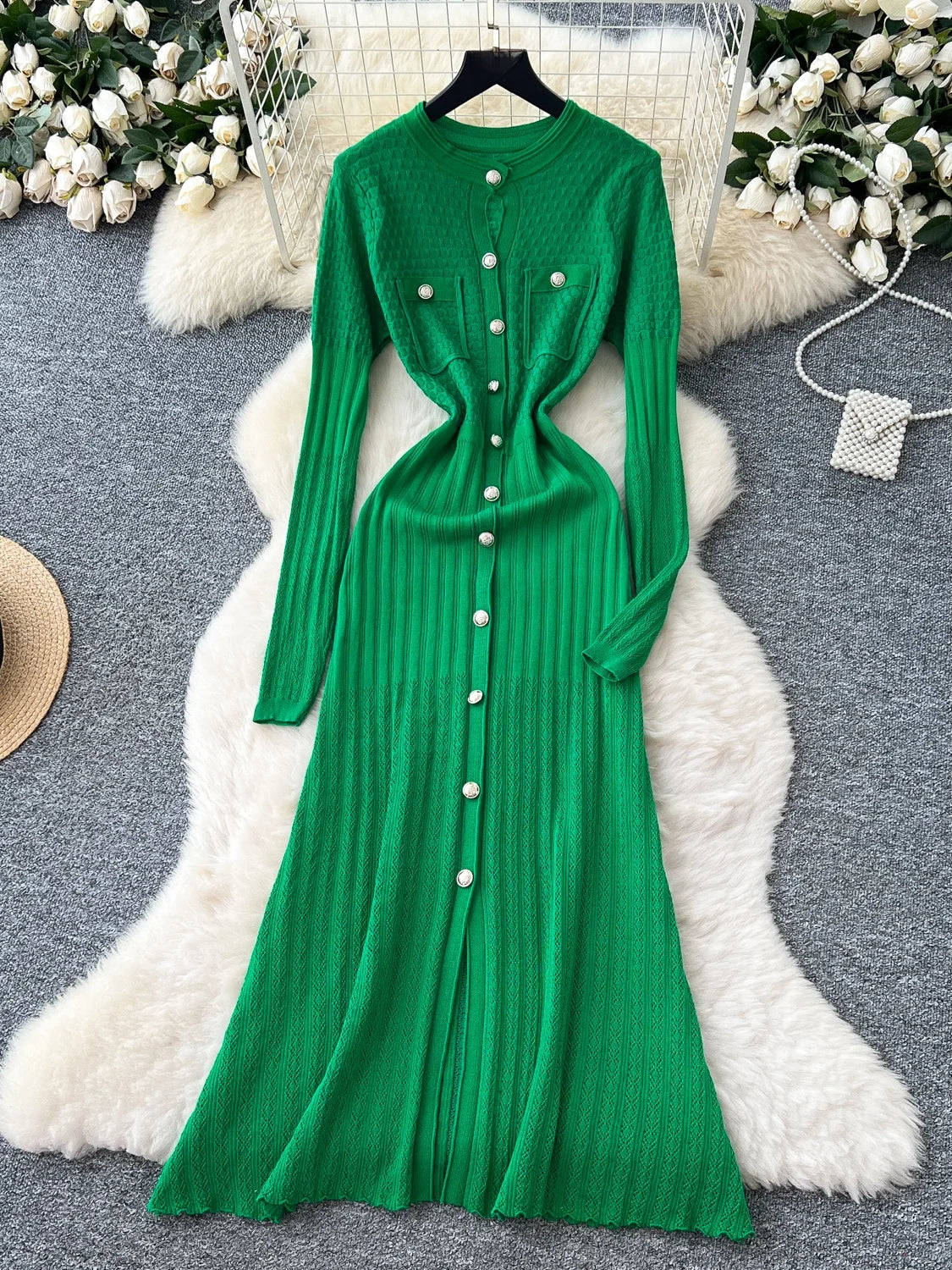 High-Waisted Knitted Long Autumn Hollow out Dress