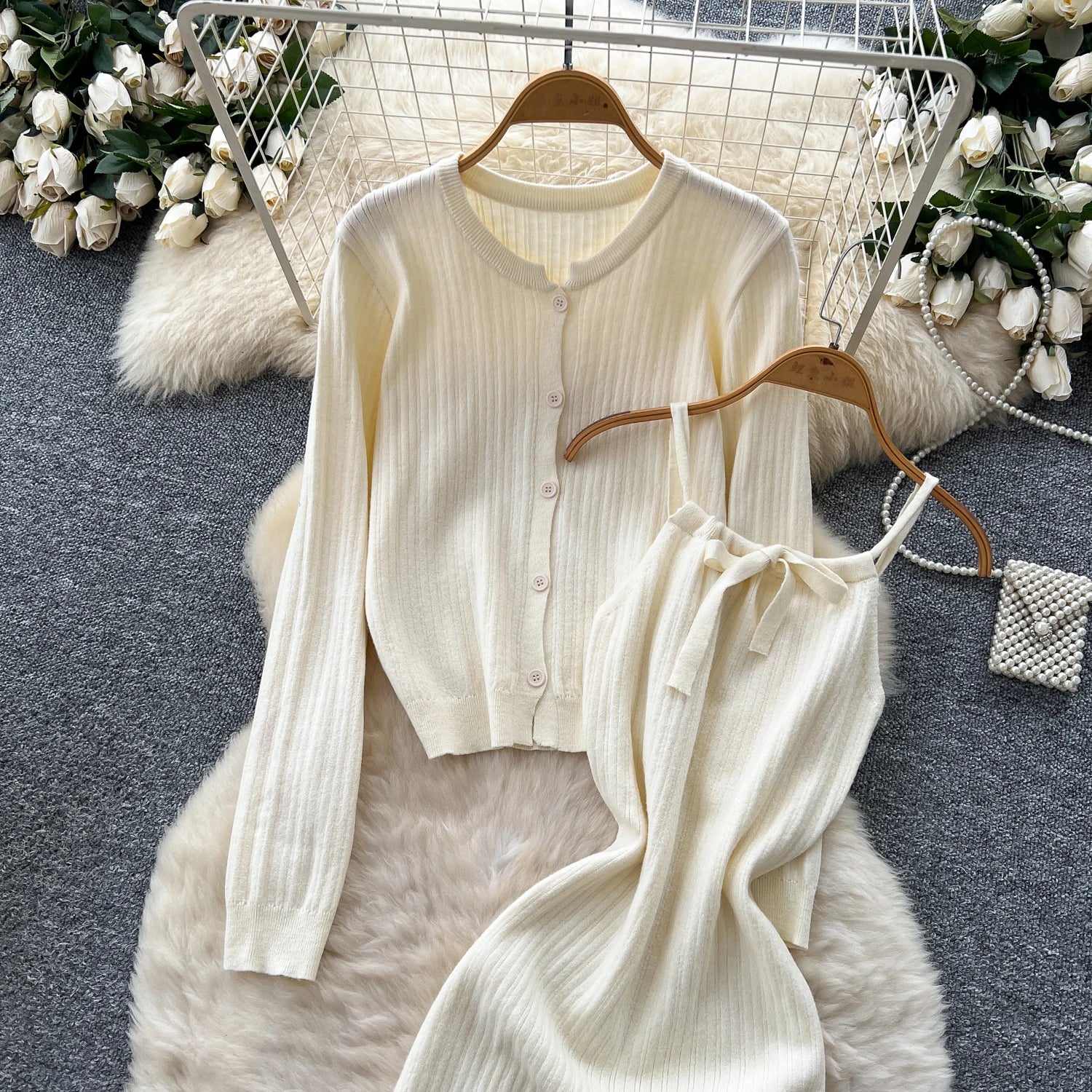 Elegant Long Sleeve Single Breasted Tops+Sleeveless Strap Bodycon Dress Knit Solid Sweater Sets