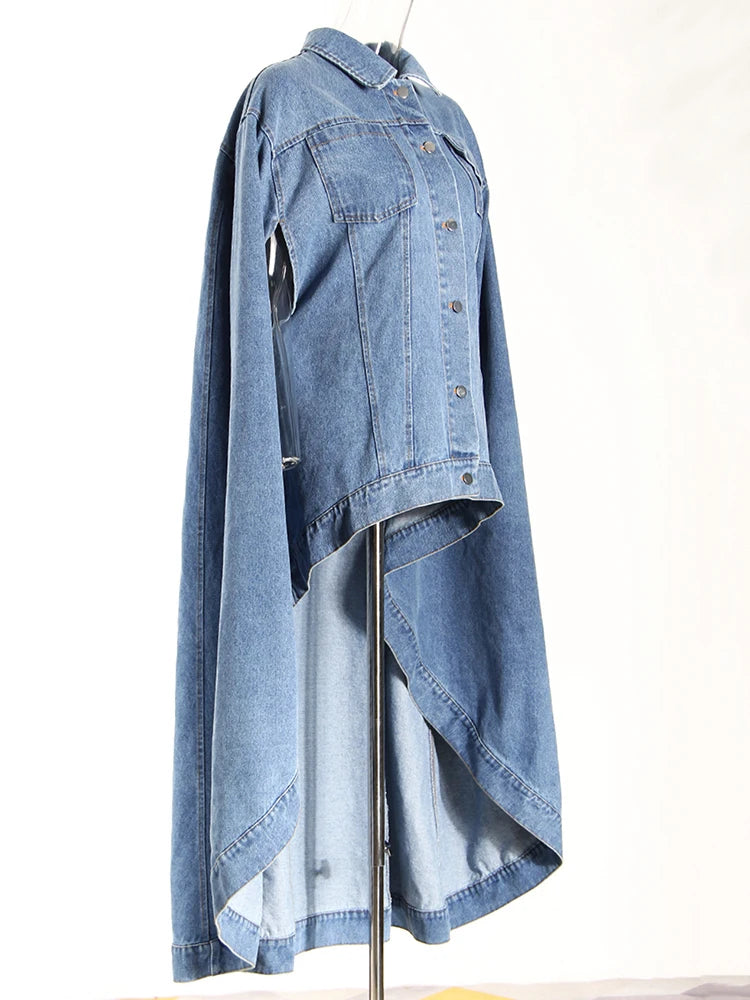 Blue Denim Irregular Big Size Cloak Trench Lapel Long Sleeve Windbreaker