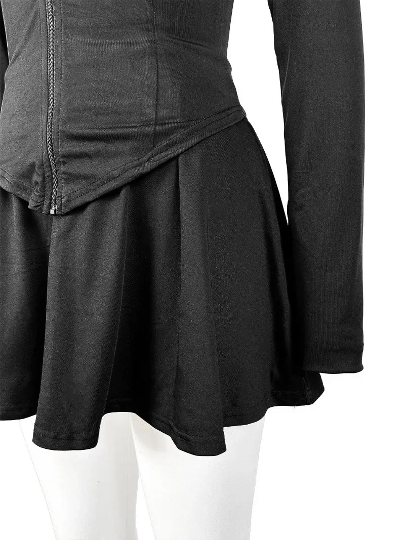 Sporty Casual 2 Piece Set Long Sleeve Zip-up Slim Top + Mini Flare Skirts with Safety Shorts Suit