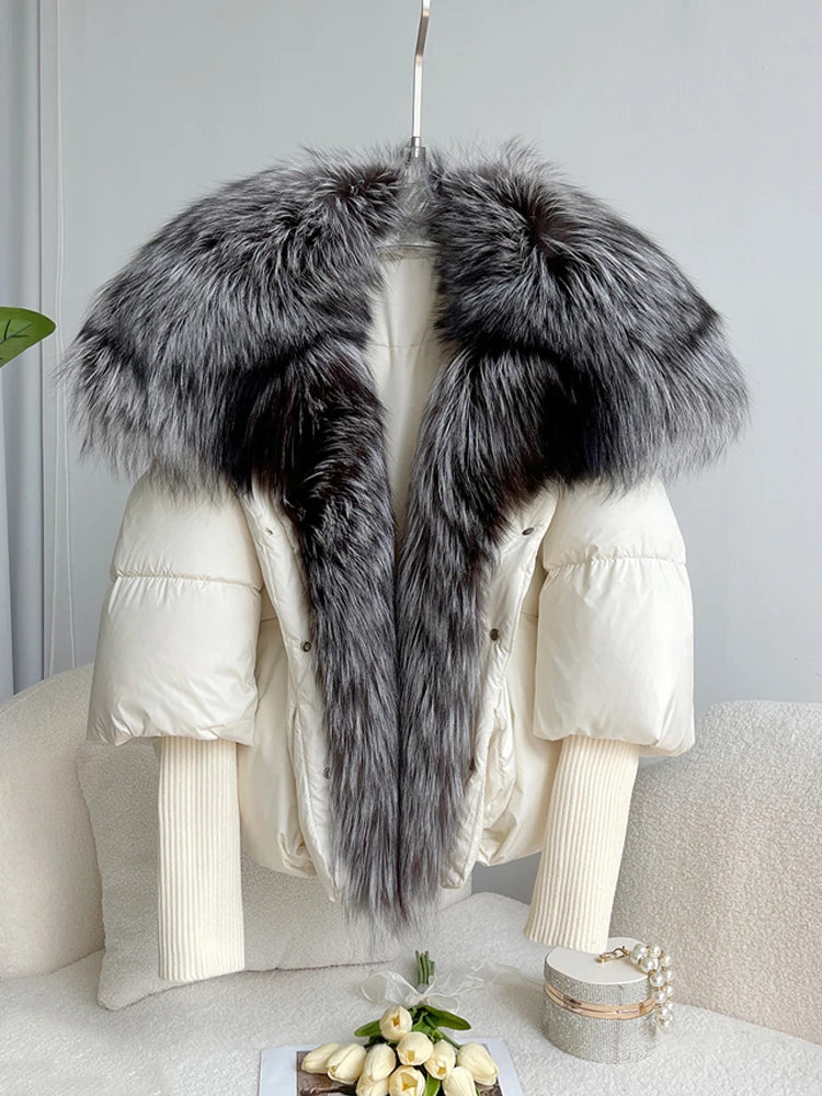 Real Silver Fox Fur Collar  Duck Down Puffer Coat