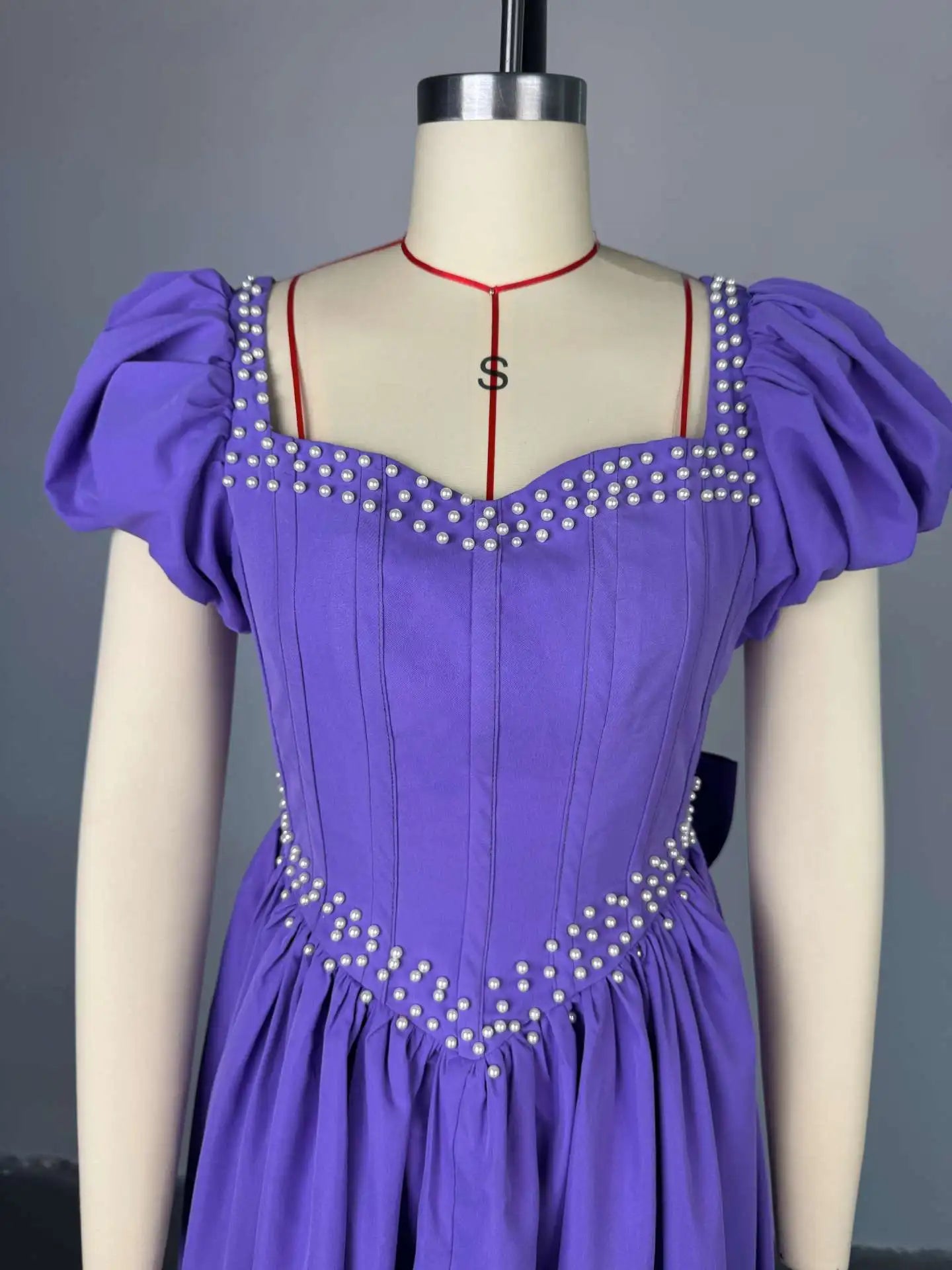 Pleated  Maxi Long A Line Puff Sleeve High Waist Dress