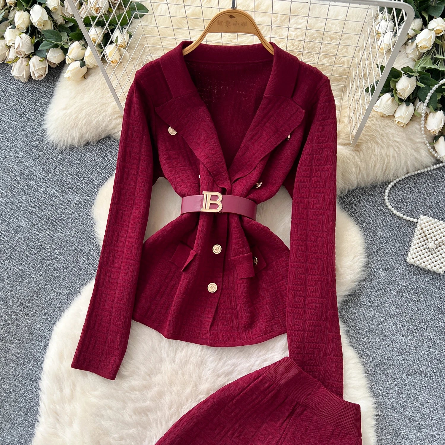 Elegant High Waist Pants Knitted Top with Belt Two Piece Set
