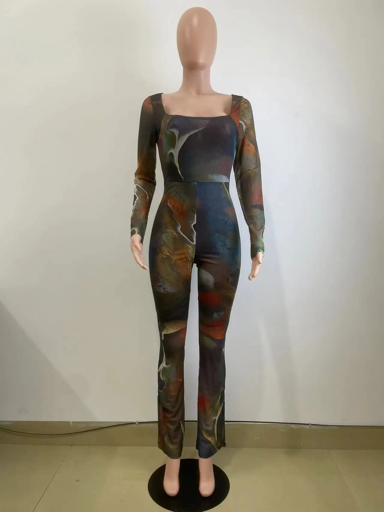Tie Dye Print Mesh Long Sleeve Bodycon Overalls Jum[psuit