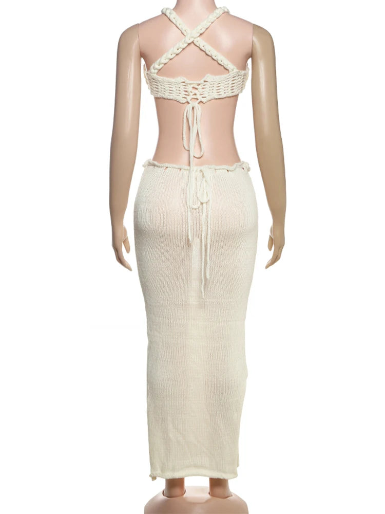 Crochet Shirring  Cross Bandage Backless Irregular Tops+Solid Long Skirts 2 Piece Set