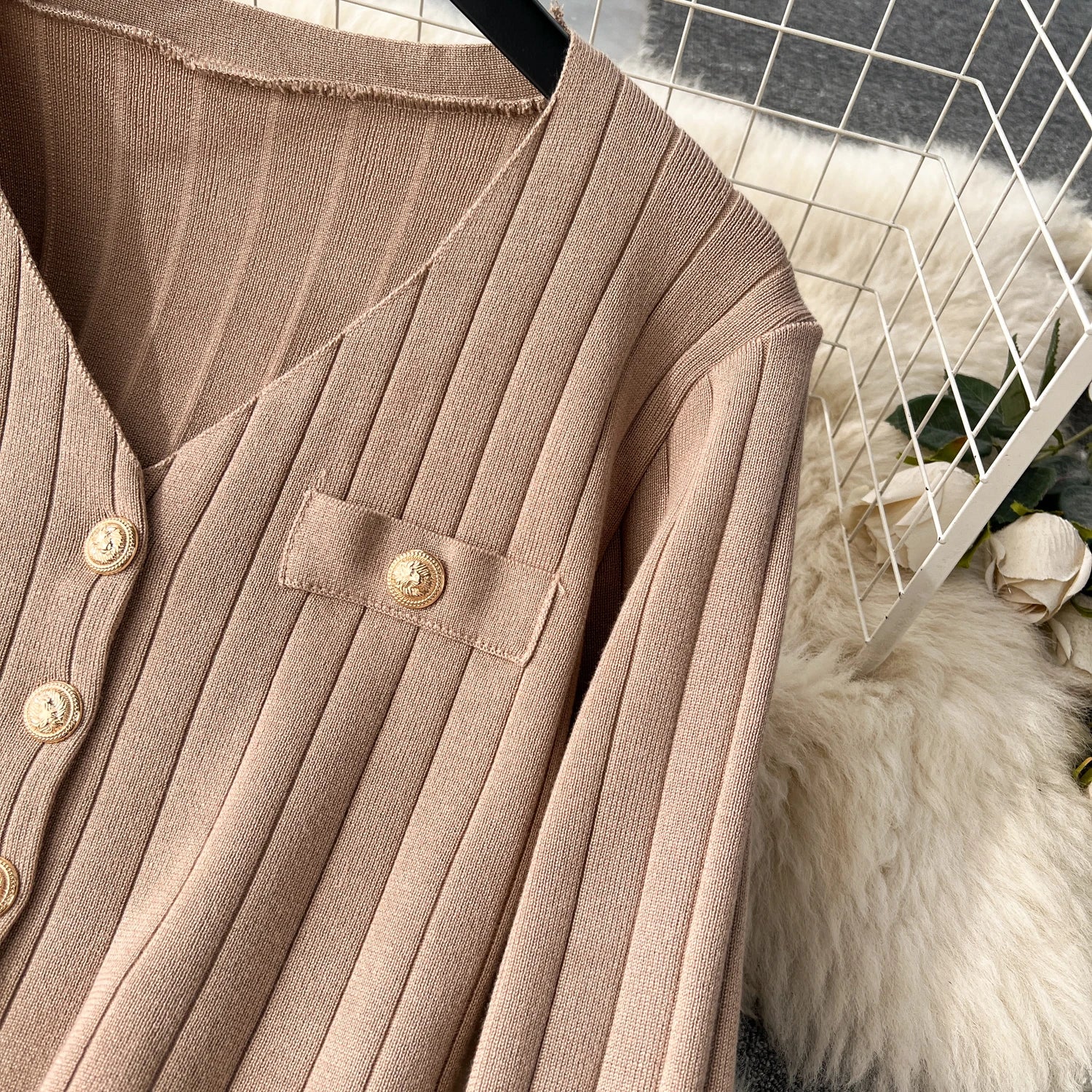 Knitted Metal Button Vest+V Neck Long Sleeves Cardigans+Wide Legs Pants Stripe Three Pieces Sets