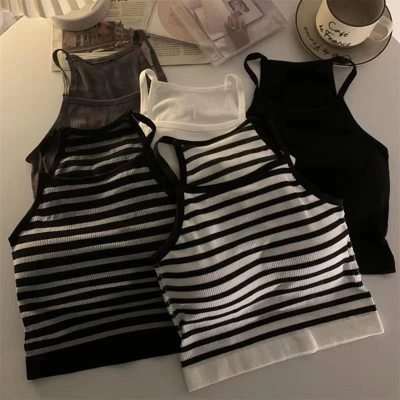 Tank Tops Thread Solid Casual Crop Top with Chest Pad Stripe Sleeveless Outer Wear Basic Camisole