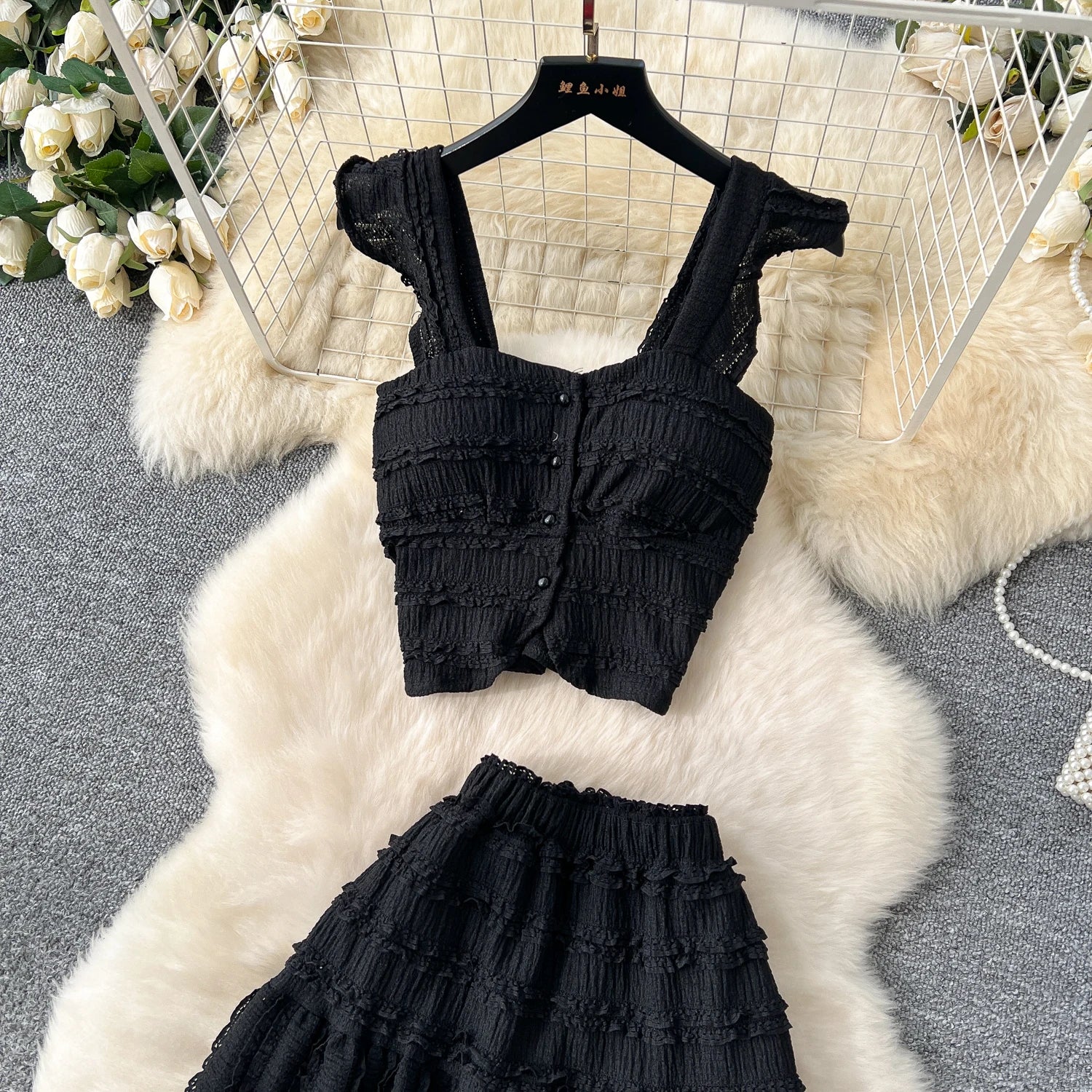 Casual Single Breasted Mini Camisole+Elastic Waist A Line Fold Slim Skirt Two Piece Sets